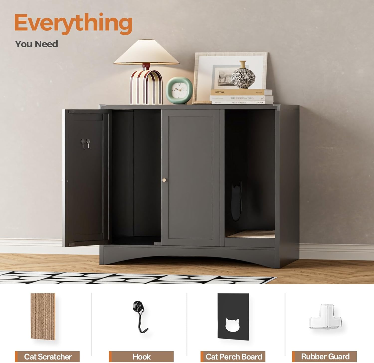 All components included with the AUN Cat Litter Box Enclosure, such as panels, hooks, scraper mat, and corner guards.