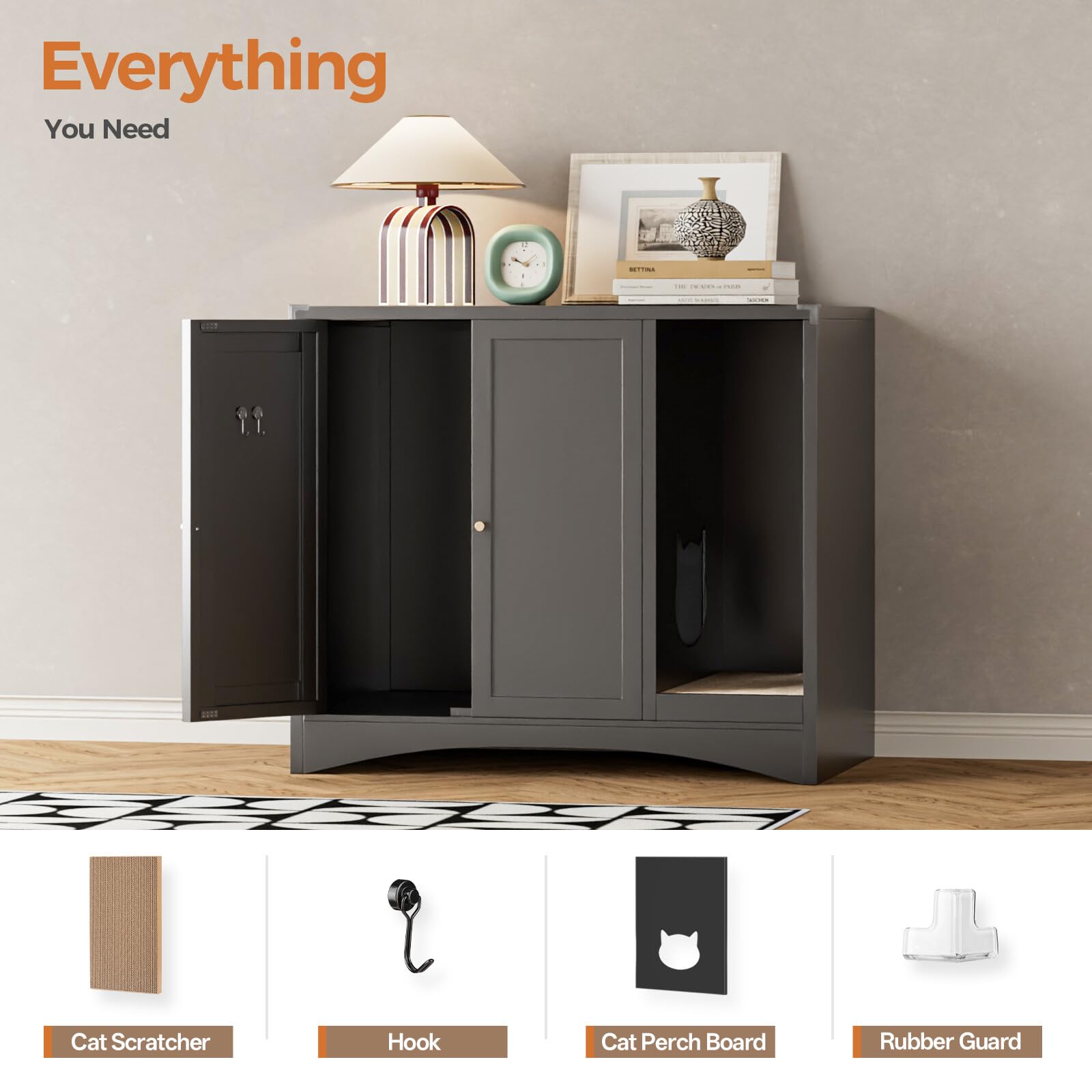 AUN Cat Litter Box Enclosure Hidden Cabinet, Easy Clean Steel Frame Pet House Furniture, Cat Washroom with Curved Entry, Dog-Proof, Black, 31.5x19.6x27.5 Inches, Indoor Use - image 7