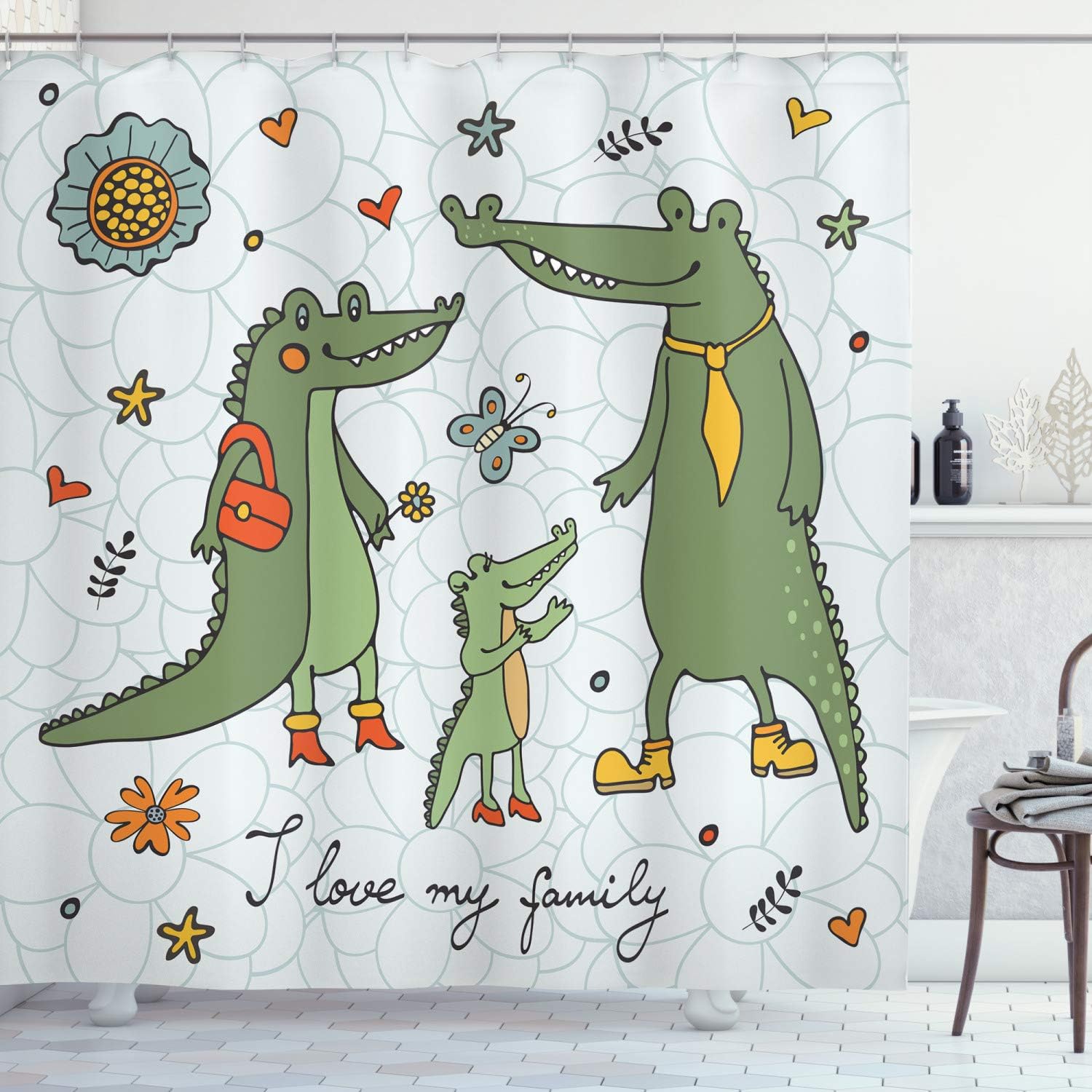 Ambesonne Family Shower Curtain, I Love My Family Theme Hand Drawn Alligators Natural Background Fun Graphic, Cloth Fabric Bathroom Decor Set with Hooks, 69" W x 70" L, Green Yellow