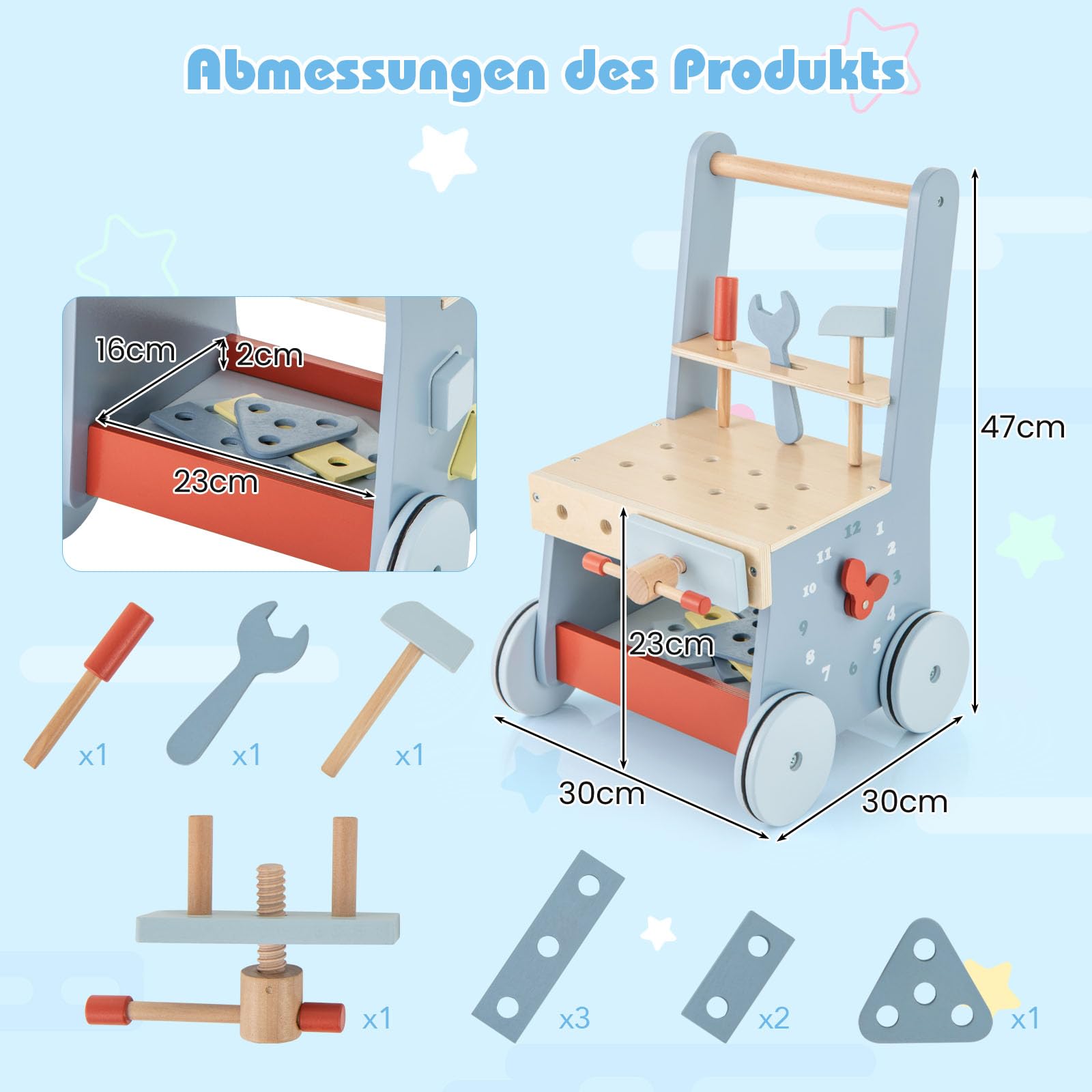 COSTWAY Lauflernwagen Holz, Baby Lauflernhilfe mit Multi-Aktivitätszentrum, Kinder Werkbank Spieltisch, Montessori Spielzeug, Laufwagen für Kinder ab 1 Jahr