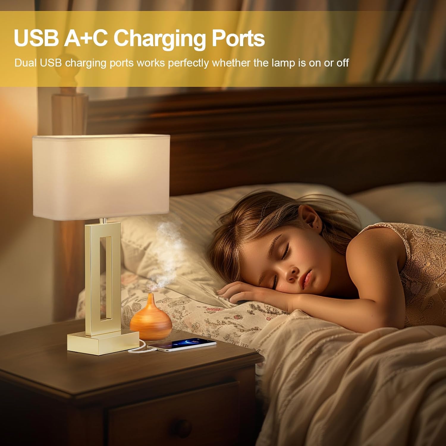 Seealle Bedroom Table Lamps Set of 2 - Touch Bedside Lamps with USB C+A, 3 Way Dimmable Gold Lamp for Nightstand, Modern Night Stands Lamps for Living Room End Tables Desk Bed Side Study Room(16.4n)