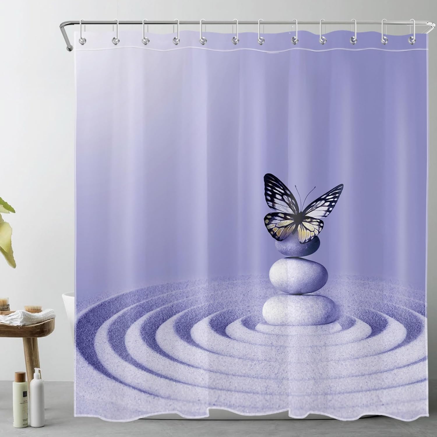 LB Spa Zen Shower Curtain Sets with Rugs Blue Stone on Sand and Butterfly on Blue Fabric Shower Curtain with Hooks Relaxing Spiritual Yoga Spa Bathroom Curtains Shower Set, 70x70 inches