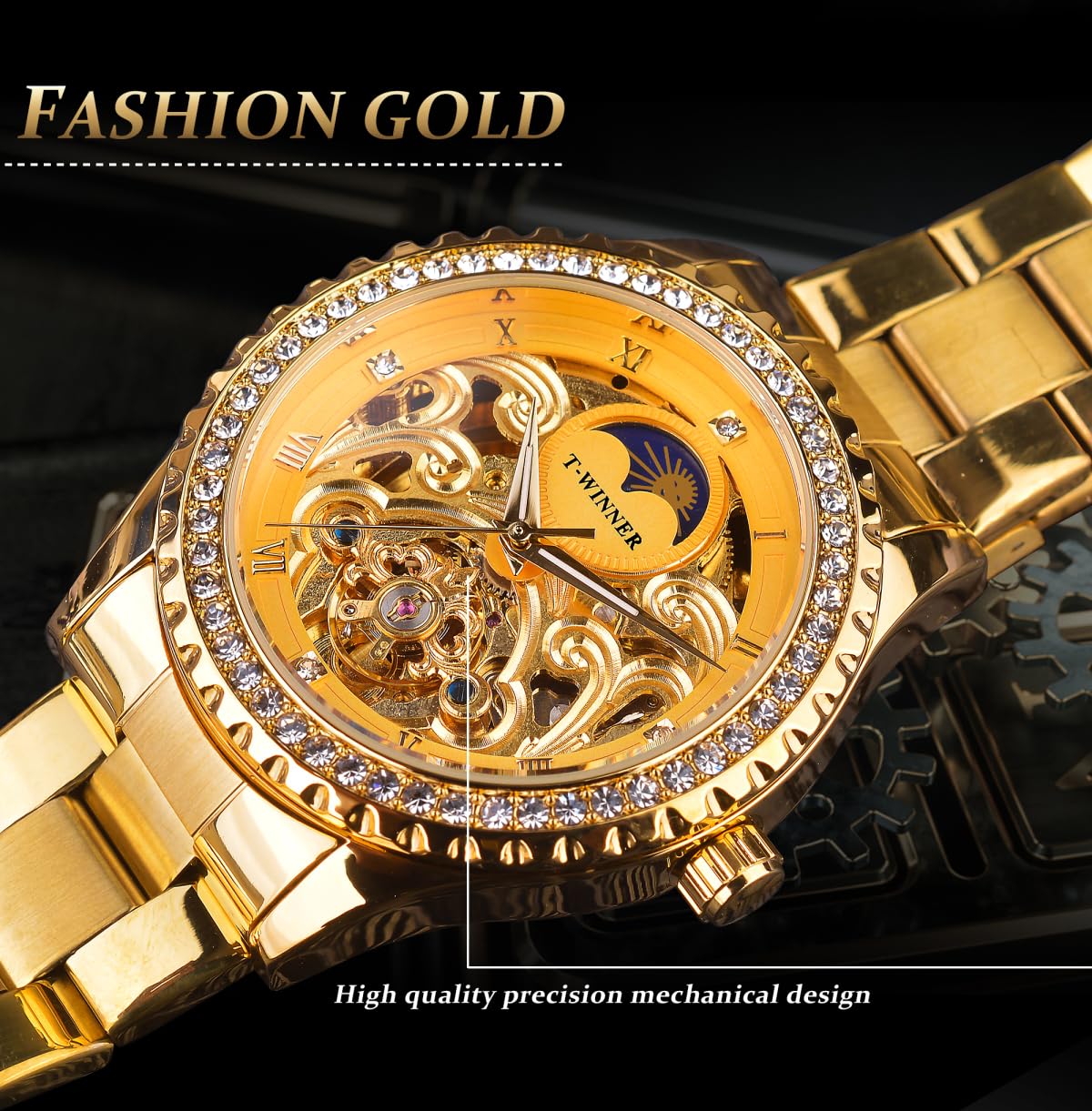 Golden Moon Phase Design Luxus Retro Stil Uhr Diamant Edelstahl Armband Skelett Tourbillon Männer Automatische Mechanische Uhren