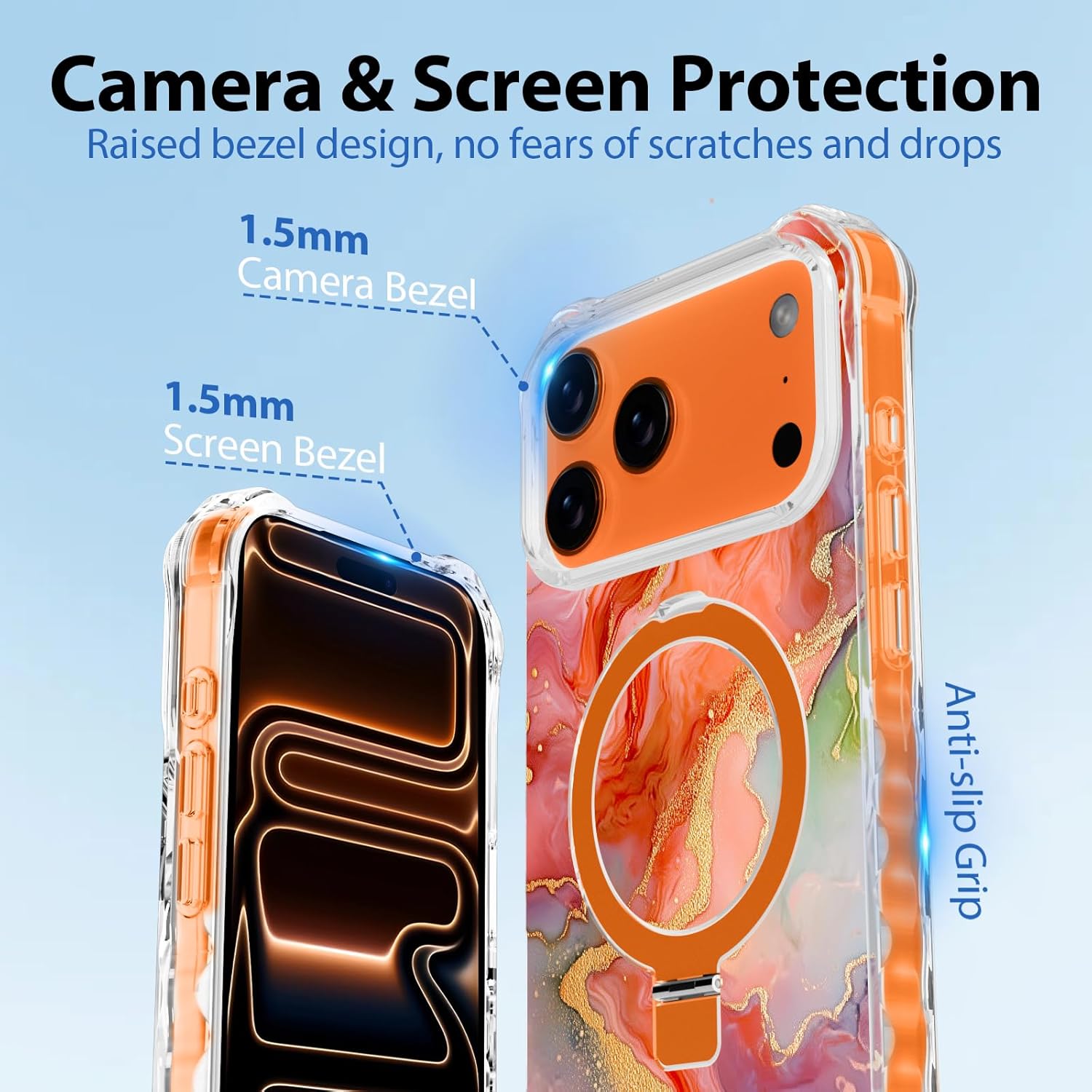 Magnetic for iPhone 17 Pro Max Case with Invisible Stand, Compatible with MagSafe, Clear Bling Sparkle Shockproof Slim Anti-Slip Military Drop Protection Hard Phone Case 6.9" Orange
