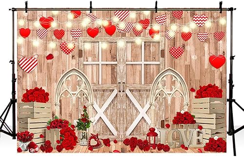 Miniatura 4 de Telón de fondo para el día de San Valentín de 7 x 5 pies para fotografía, puerta de pared de madera rústica, telón de fondo de San Valentín, rosa