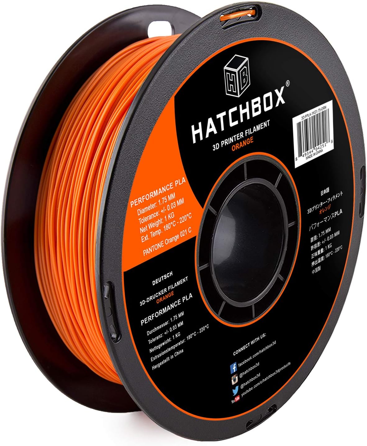 HATCHBOX Performance PLA 3D Printer Filament, Dimensional Accuracy +/- 0.03 mm, 1 kg Spool, 1.75 mm, Orange