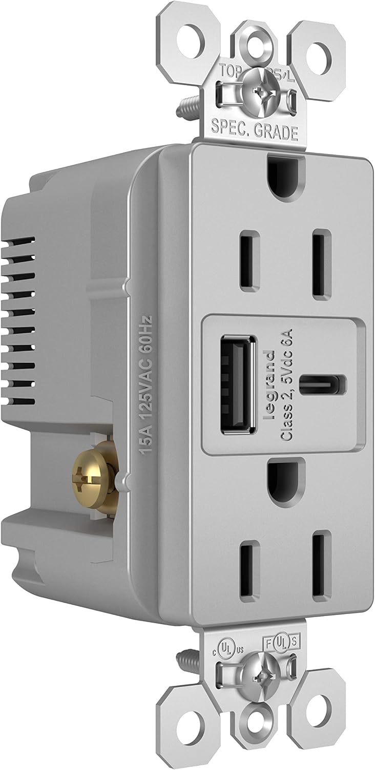 Legrand Pass & Seymour TR15USBAC6GRY 15 Amp Tamper-Resistant Heavy-Duty Specification Grade Decorator Duplex Receptacle Outlet with Ultra Fast USB A/C 6.0A Charging Ports, Gray (1 Count)