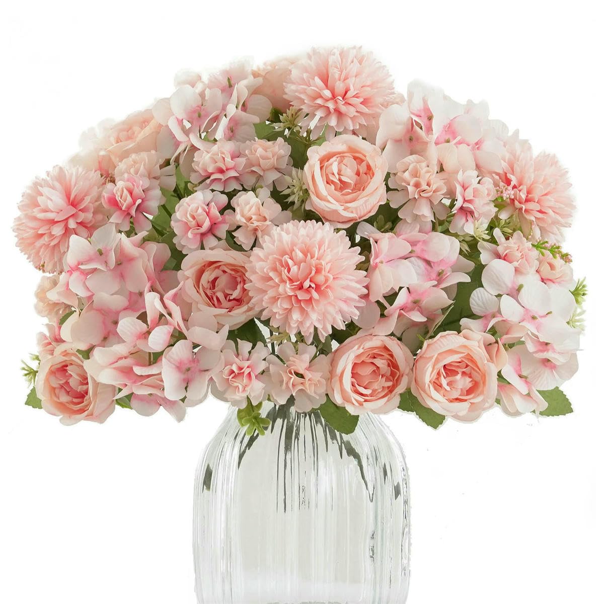 AYHTUD 1/4pcs Realistic Artificial Flower Bouquet, Reusable Faux Peony Chrysanthemums Hydrangea Bouquets with Stem, Home Room Decor-pink-4pcs