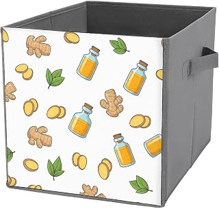 Collapsible Fabric Storage Cubes Ginger Root Slices Leaves Organizer with Handles Closet for Shelves,Foldable,Clothes,11 Inch
