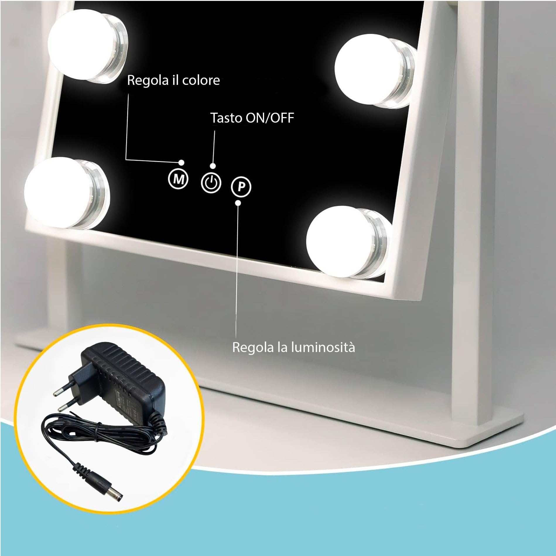 081 Store - Specchio Trucco con Luci, specchio grande illuminato con luce a 3 colori e 9 lampadine a LED dimmerabili, schermo touch intelligente e rotazione di 360 gradi