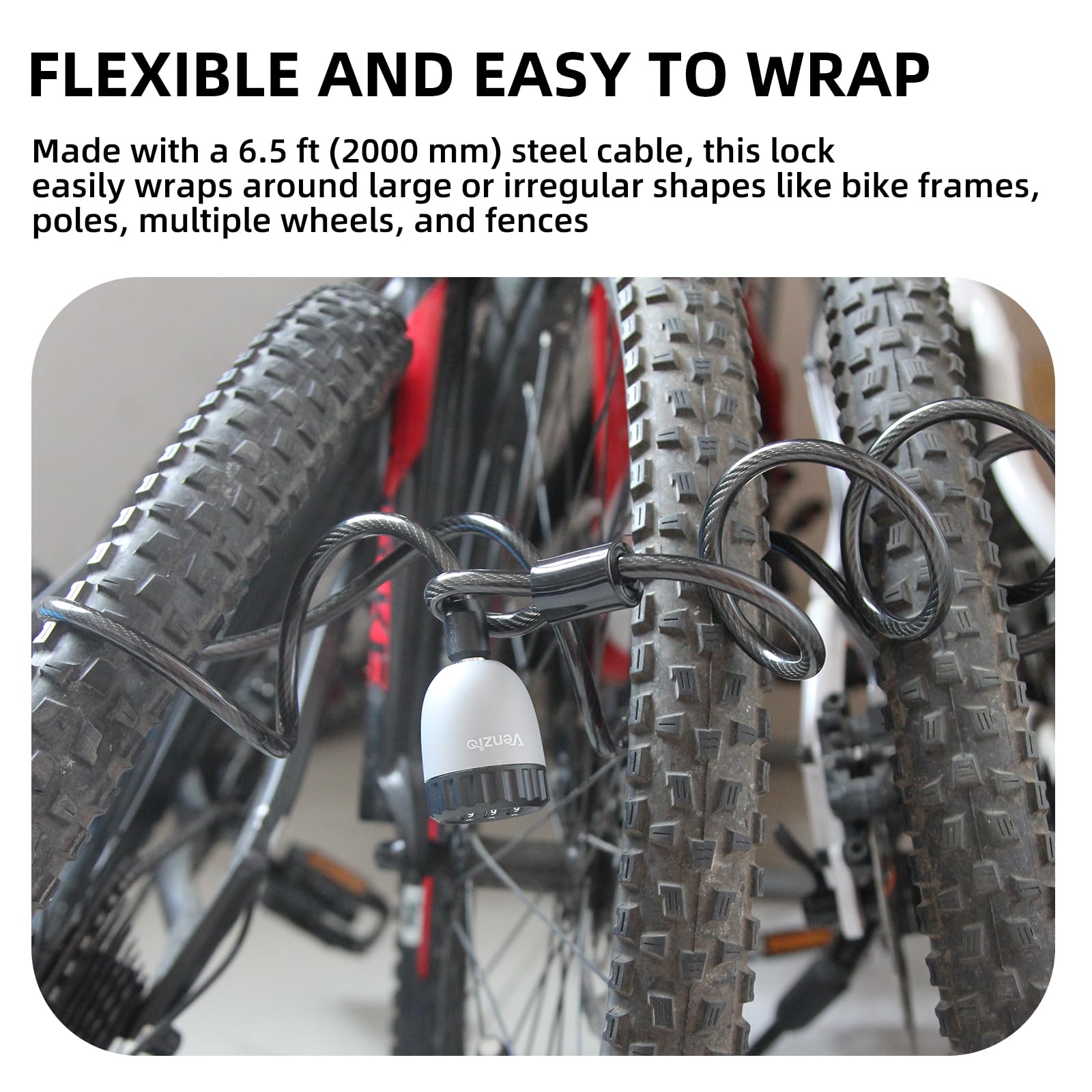 Venzio Lucchetto a cavo per bicicletta, con combinazione a 3 cifre, ripristinabile, 8 mm, in acciaio resistente, antifurto per bicicletta, casco, cancello, bagagli, sci, cavo portatile per esterni