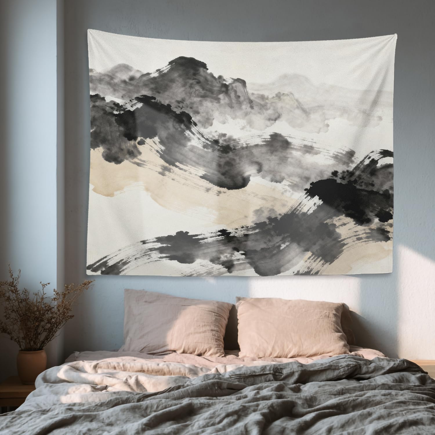 Shrahala Grey Art Watercolor Wall Tapestry, Brown Abstract Oil Wall Hanging Large Tapestry Decoration Polyester Fiber White Hem Around for Dorm Room Bedroom 59.1 x 82.7 in