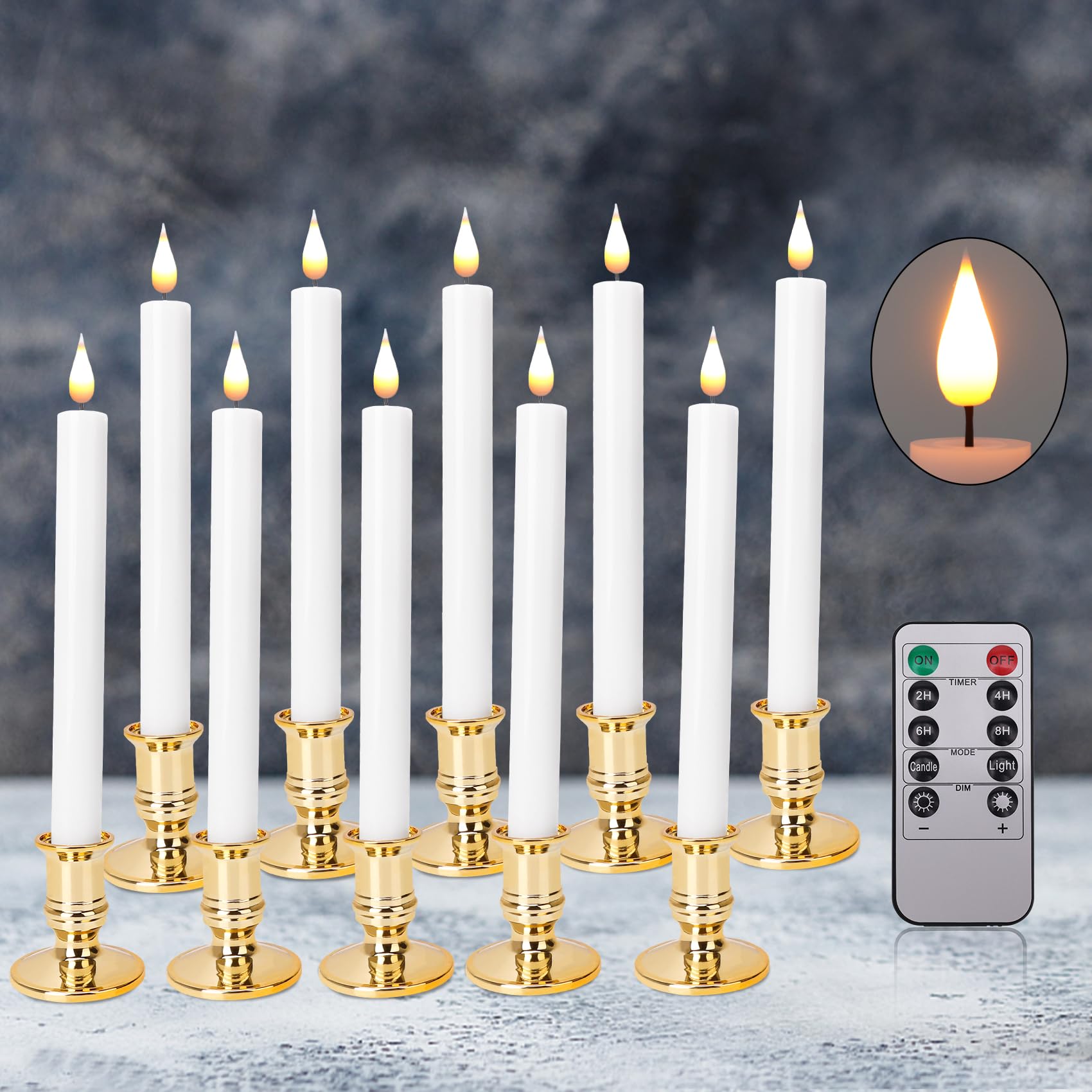 beek Candele a LED per finestra senza fiamma con telecomando, set da 10 candele a stelo a batteria, con portacandele dorate rimovibili, ideali come decorazione natalizia, luce di nozze