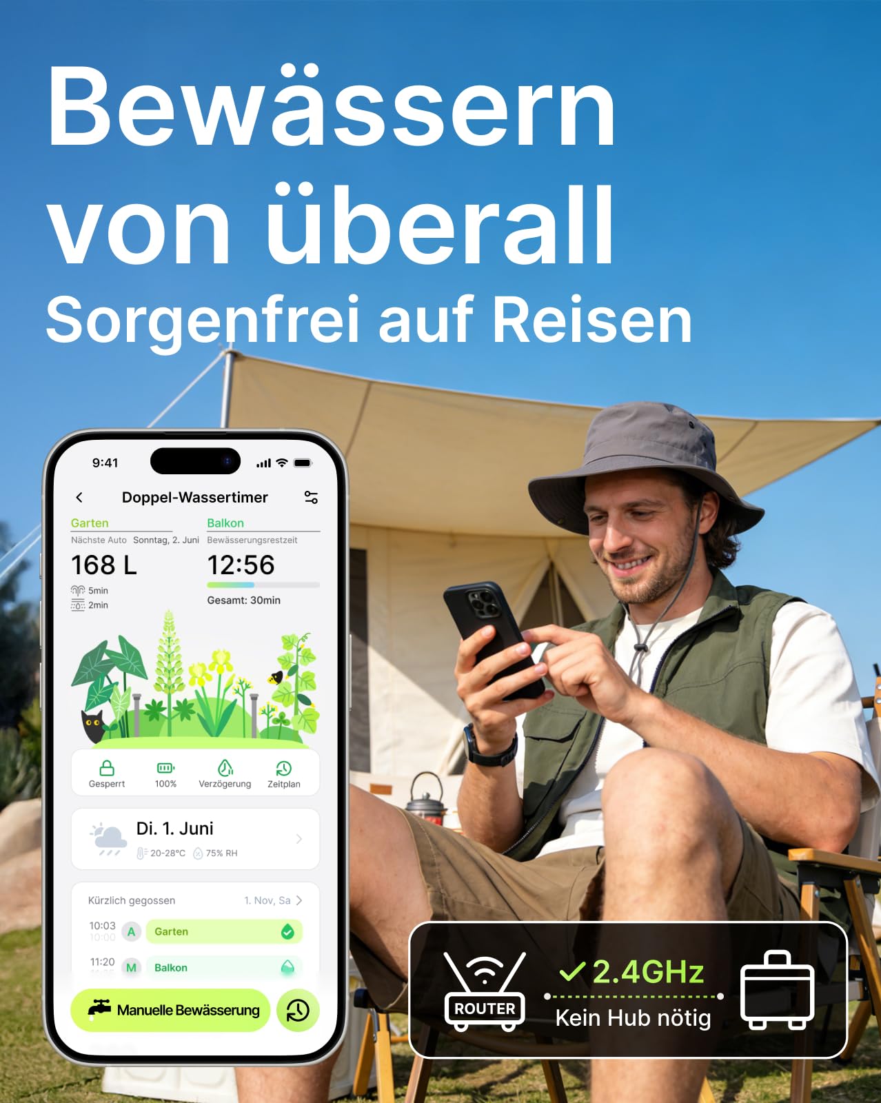 Solar WLAN Bewässerungscomputer für Garten, 2-Wege Smart Bewässerungsuhr mit Durchflussmesser, Kein Hub erforderlich, Messing-Einlass, App & Sprachsteuerung (Alexa/Google), Regenverzögerung