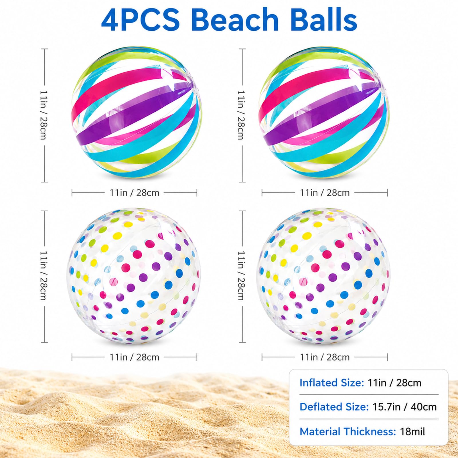 ZhouWei 4 sztuki, nadmuchiwany balon basenowy, średnica 28 cm, przenośny nadmuchiwany balon plażowy z kolorowymi paskami i kropkami, nadmuchiwana piłka plażowa dla dzieci, dorosłych, na plażę, wakacje