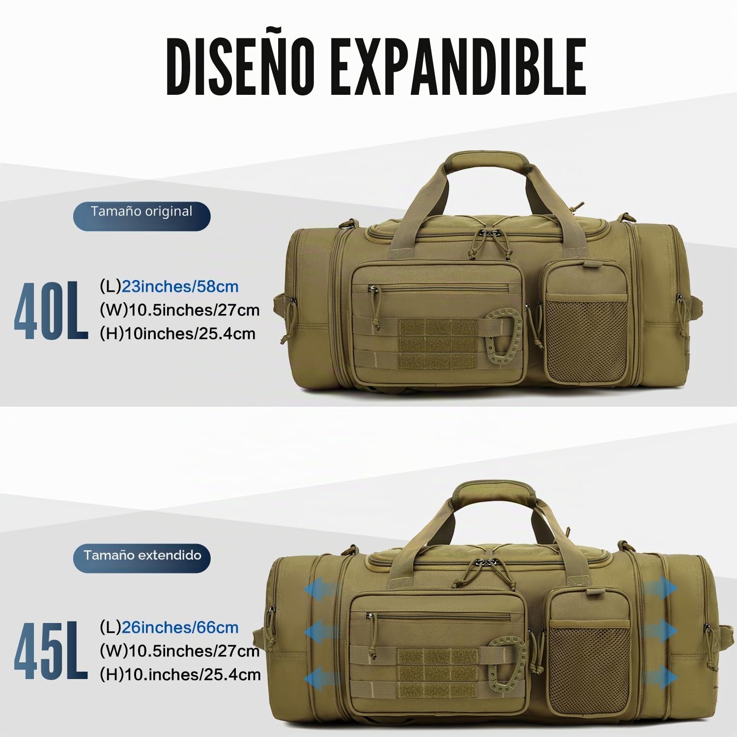 Bolsa Deporte Hombre 40-45 litros Ampliable 3 en 1 Mochila Gimnasio Táctica Militar Bolsa de Viaje con Compartimento para Zapatos para Camping, Fitness, Entrenamiento - Gym Bag Marrón