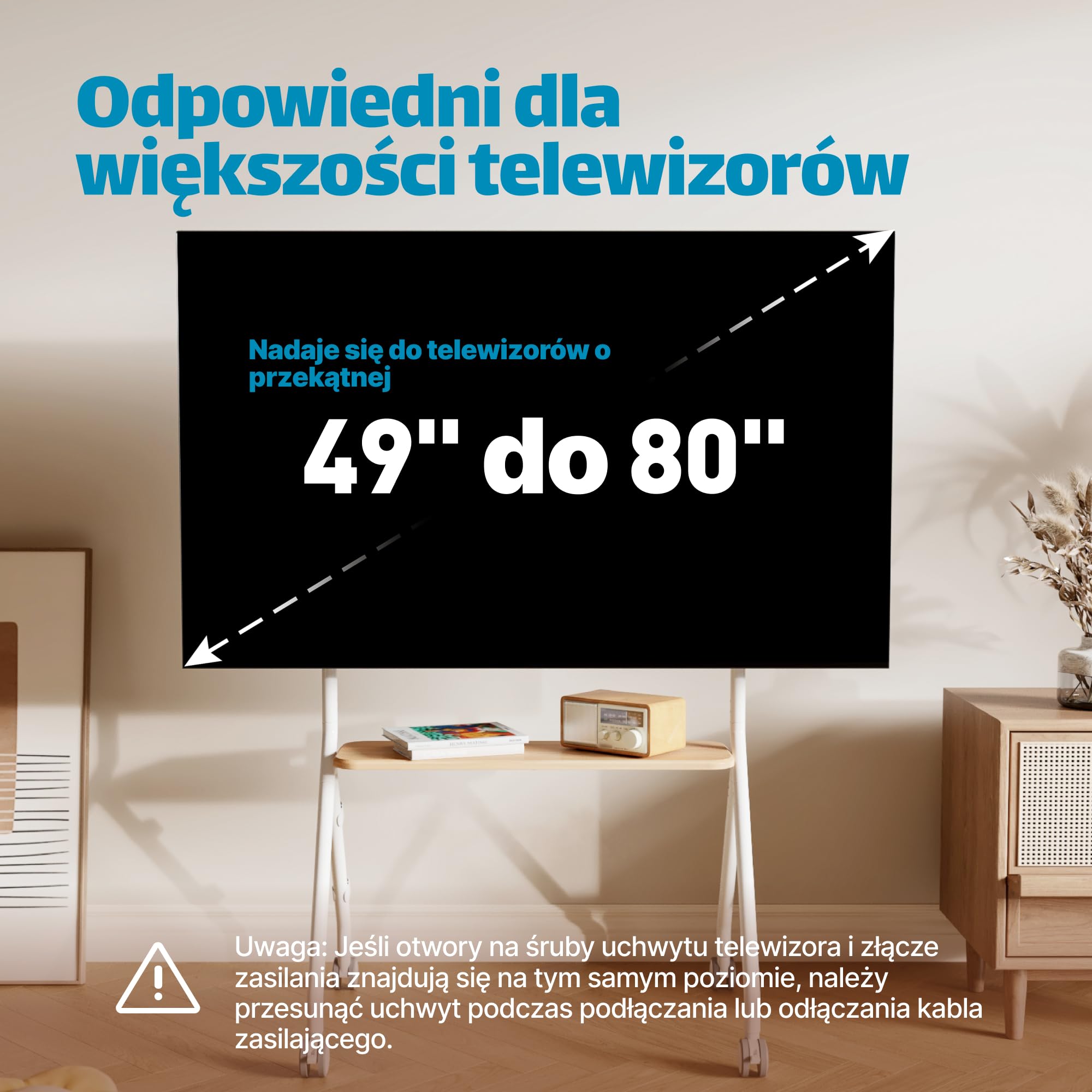Mobilny stojak TV typu sztaluga do telewizorów 49–80 cali – wózek na kółkach z blokadą, regulowana wysokość, drewniane półki i system zarządzania kablami, VESA 600x400, kolor biały