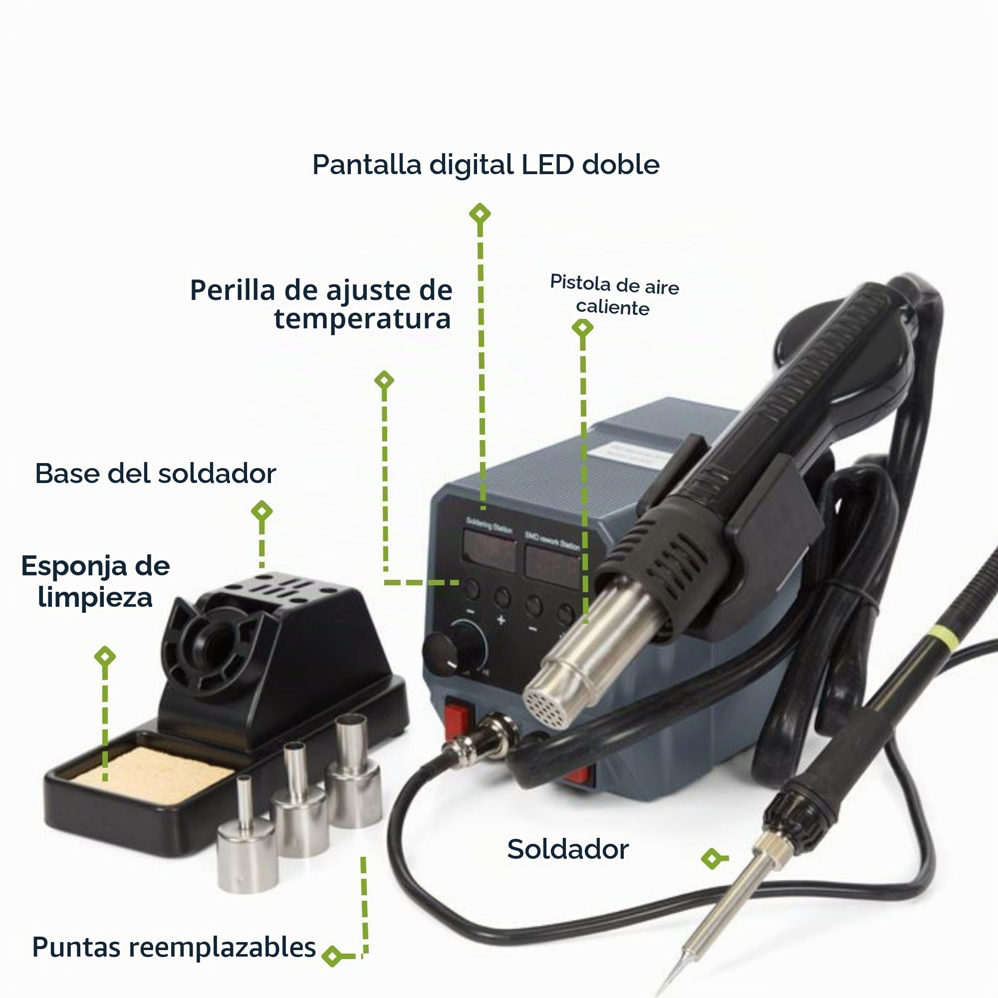 Velleman Estación de soldadura 2-en-1 multifuncional con soldador de 60W y pistola de aire caliente de 300W, control de temperatura por microprocesador, ideal para SMD, PCB y reparación electrónica