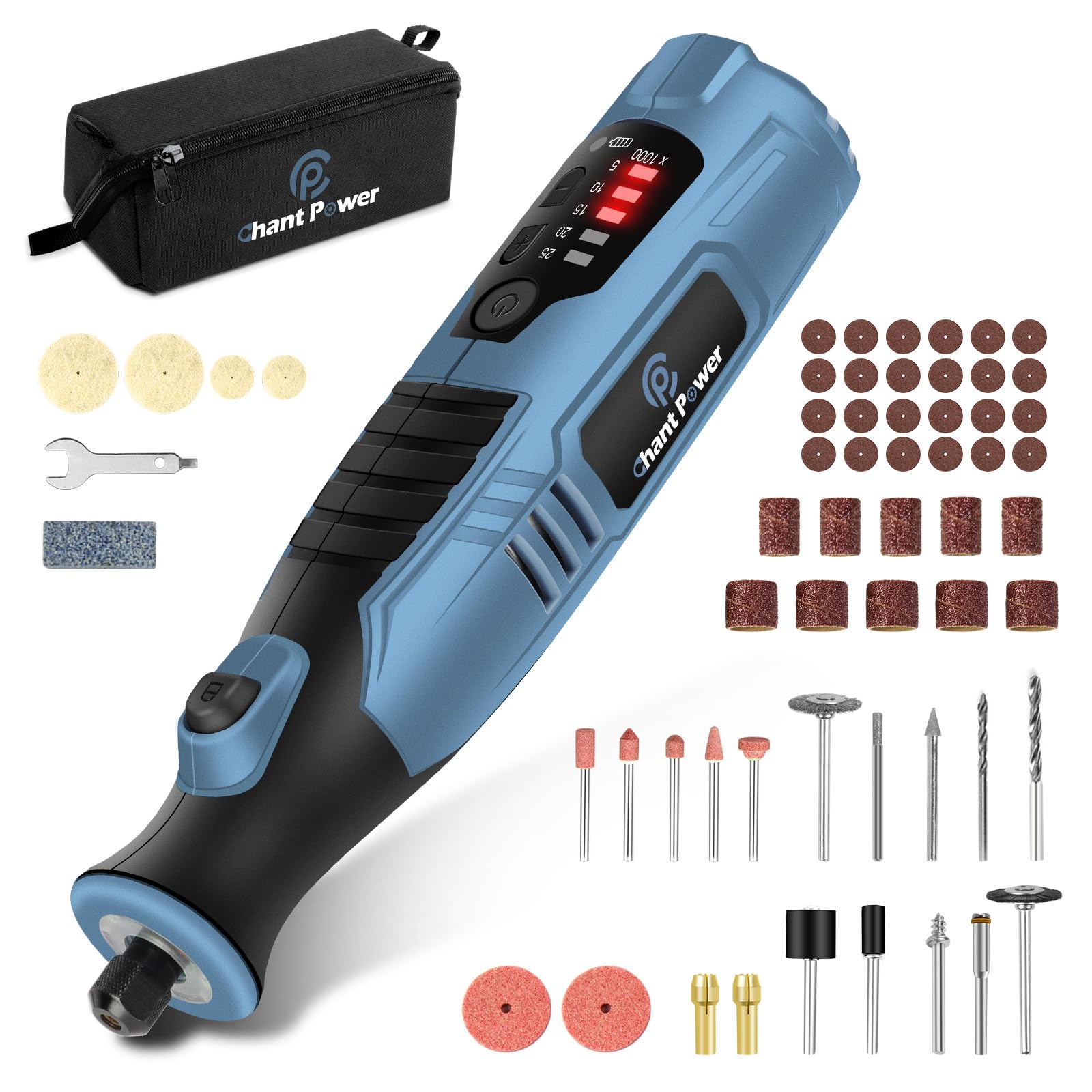 C P CHANTPOWER Cordless Rotary Tool, 8V Rotary Tool with 2.0 Ah Li-ion Battery, 5-Speed, 4 Front LED Lights and 60pcs Accessories Kit for Carving, Engraving, Sanding, Polishing and Cutting