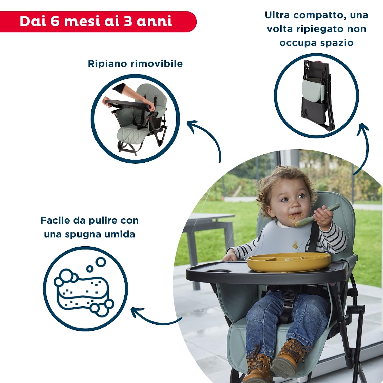 THERMOBABY - HANDY | Seggiolone pieghevole e portatile per bebè | Da 6 mesi a 3 anni | Fino a 15 kg | Cuscino lavabile | Vassoio amovibile e cintura di sicurezza | Leggero e compatto