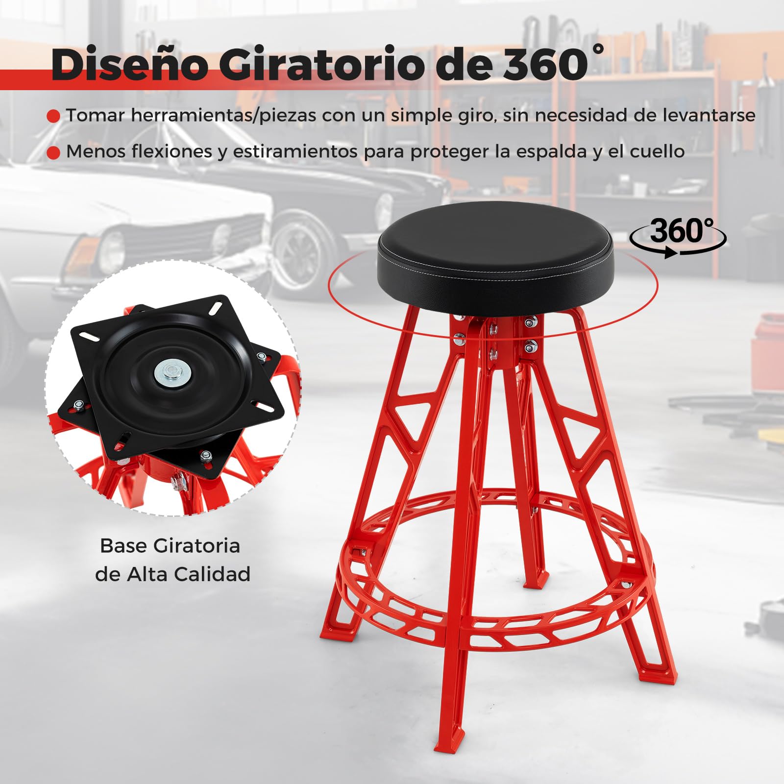 COSTWAY Taburete Mecánico Alto, Taburete de Taller de Aluminio con Asiento Giratorio de 360°, Silla Acolchado con Reposapiés para Taller, Sala de Herramientas, Reparación de Autos, Capacidad de 180 kg