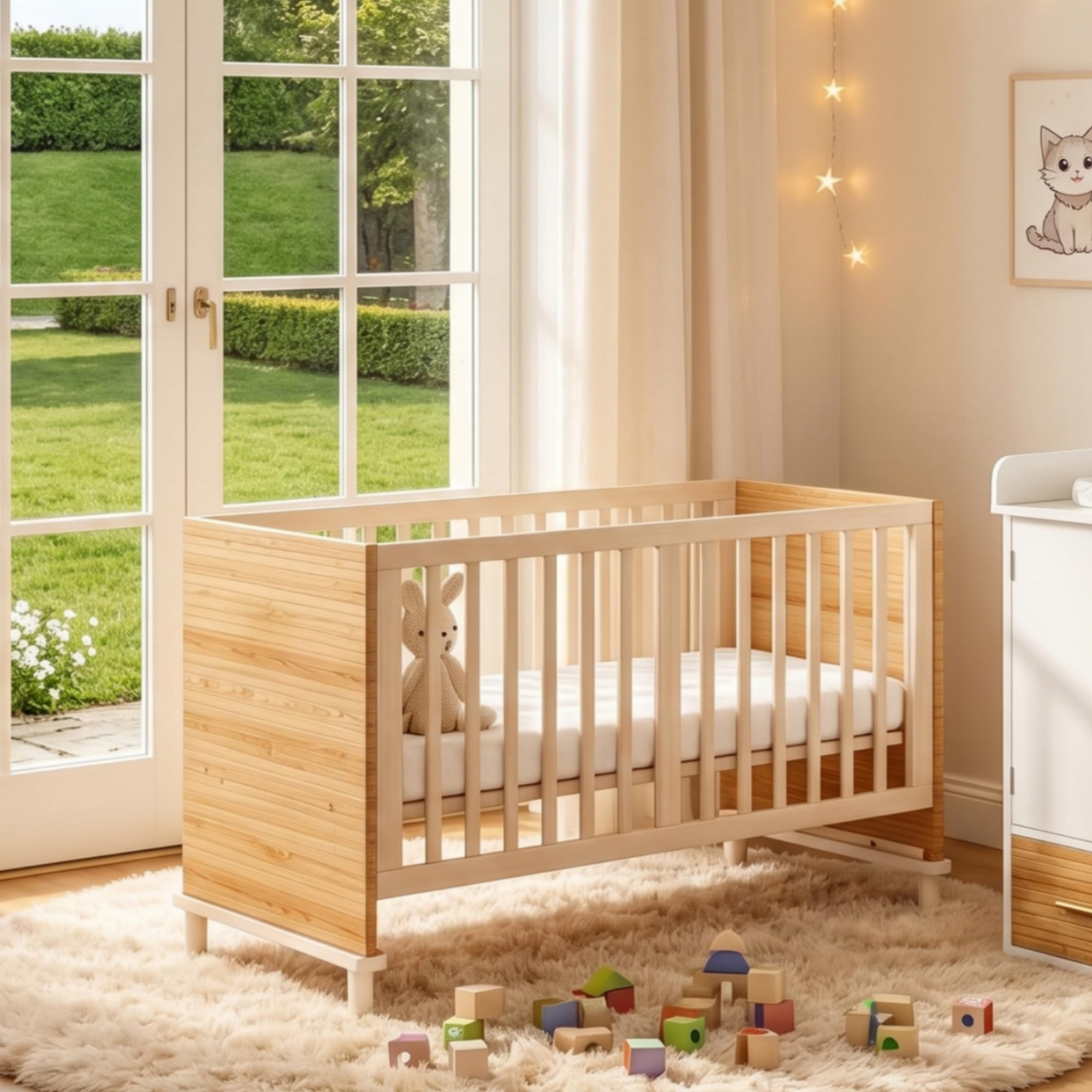 SUKY Gitterbett, 5-stufige Höhenverstellung, Babybett mit stabilen Stützbeinen, ohne Matratze, Naturholzfarbe, 70 x 140 x 87 cm, Natürlich