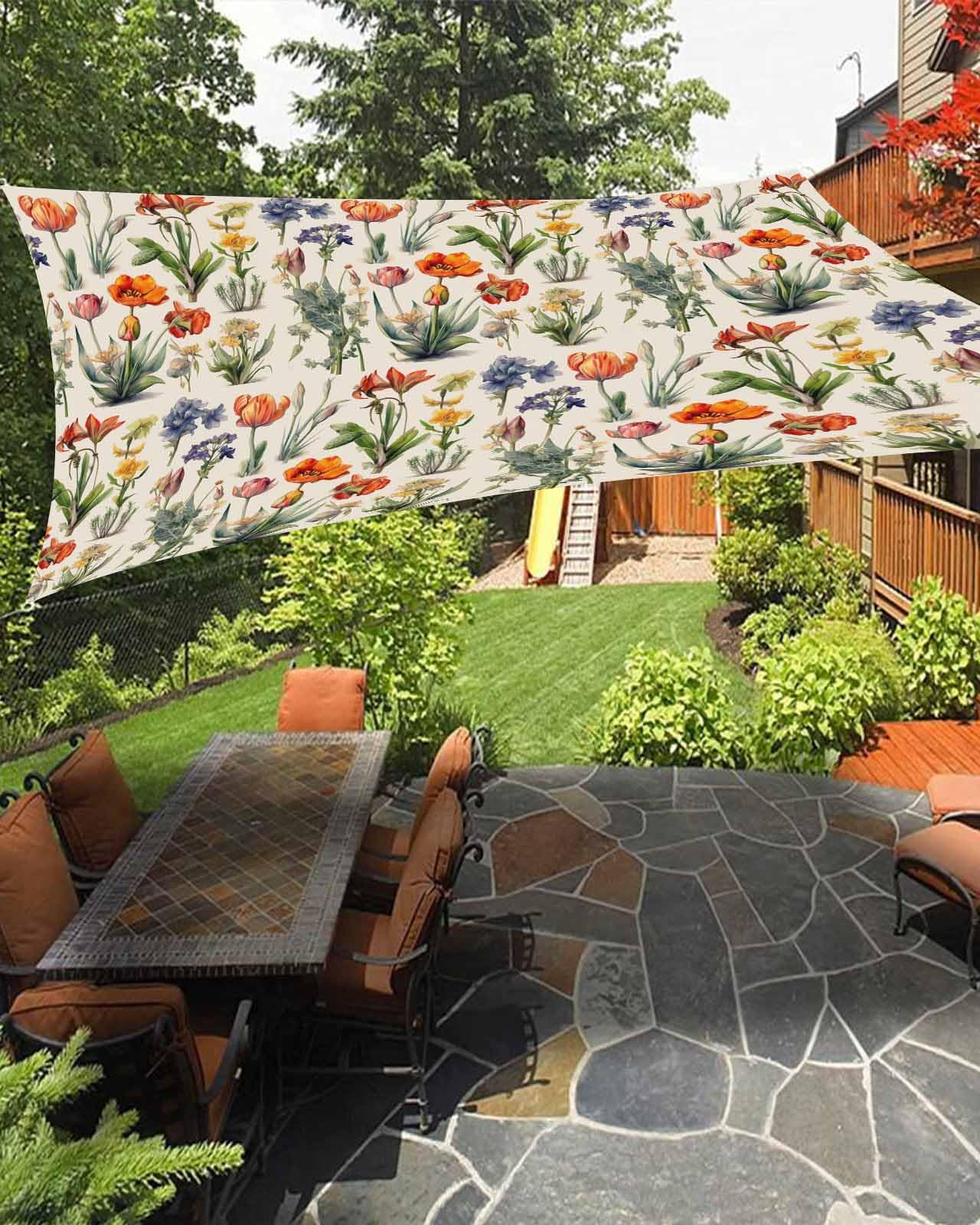 Boanket Sun Shade Sail 12' x 16', Spring Floral Sun Blocking Shades Privacy Outdoor Covering, Colorful Summer Botanical Flowers Shade Cloth for Patio Deck Terrace Garden Lawns Beach Backyard