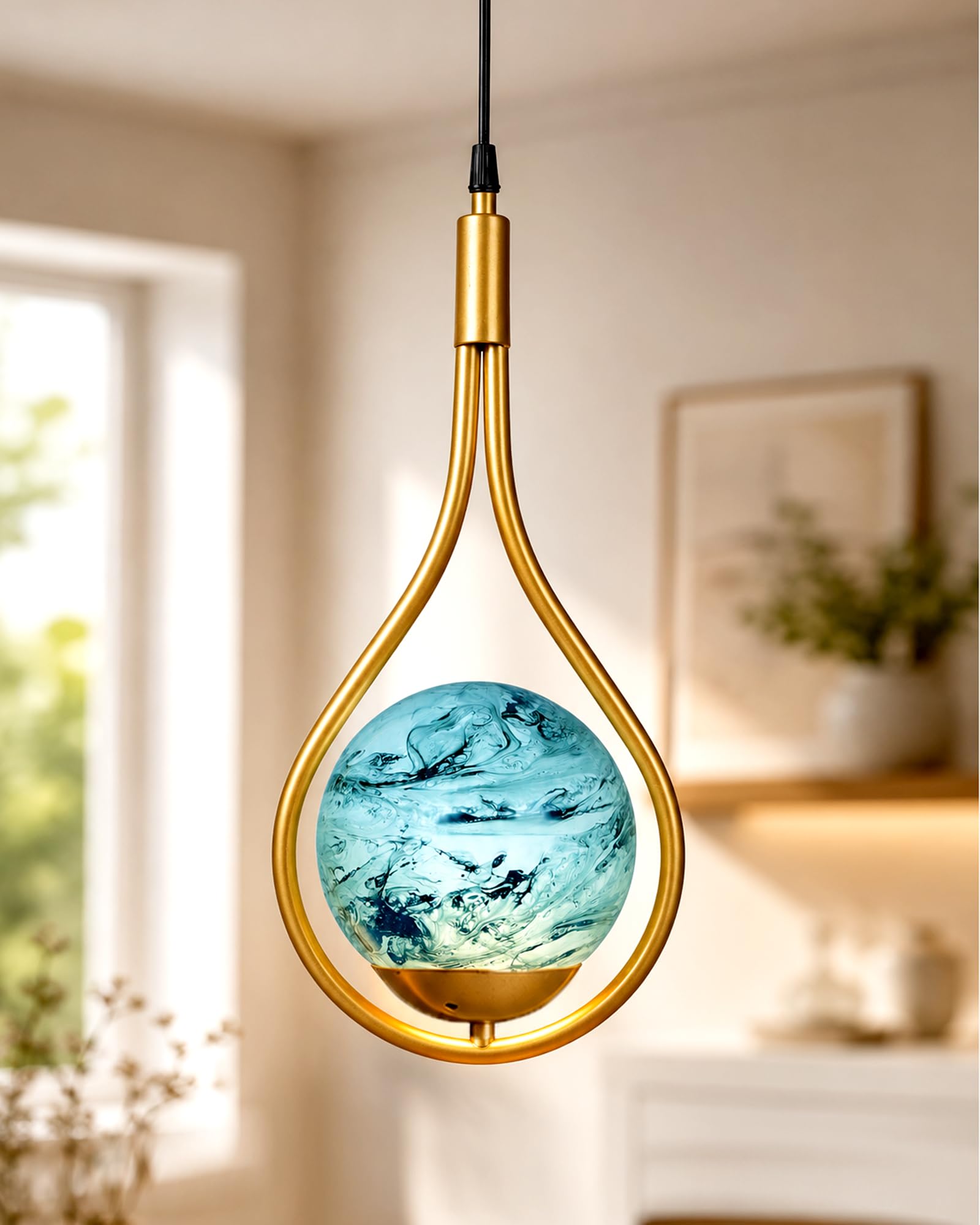 Homesake® Mid Century Modern Golden Light Chandelier, Planet Series Frosted Glass Globe Lampshade Pendant Indoor Hanging Light Fixture (Water Drop Earth)-image-27