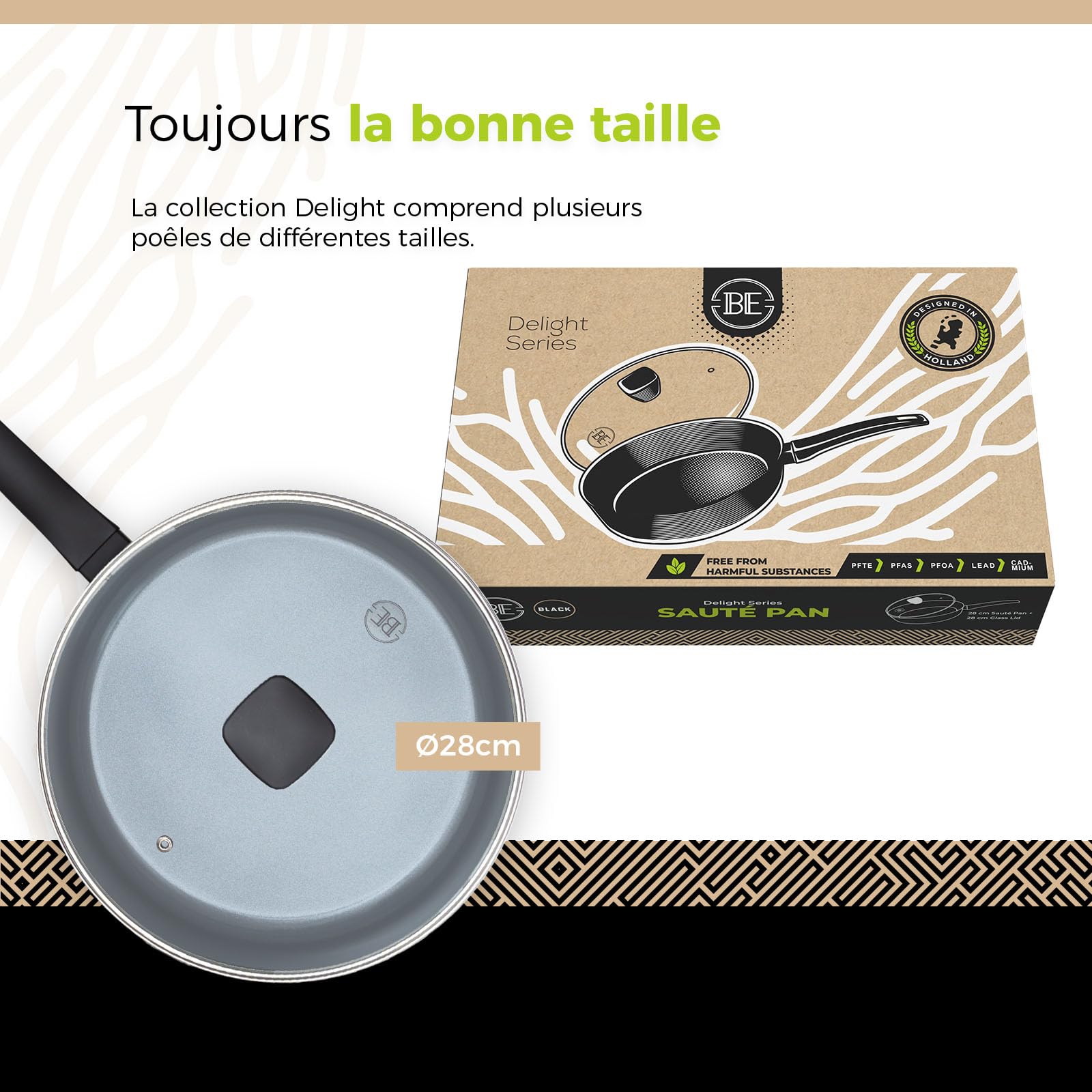 BE Living Poêle Sauteuse avec Couvercle - Ø 28 cm, Bord Haut, Revêtement Céramique Antiadhésif, Induction, Sans PTFE et PFOA, Noir