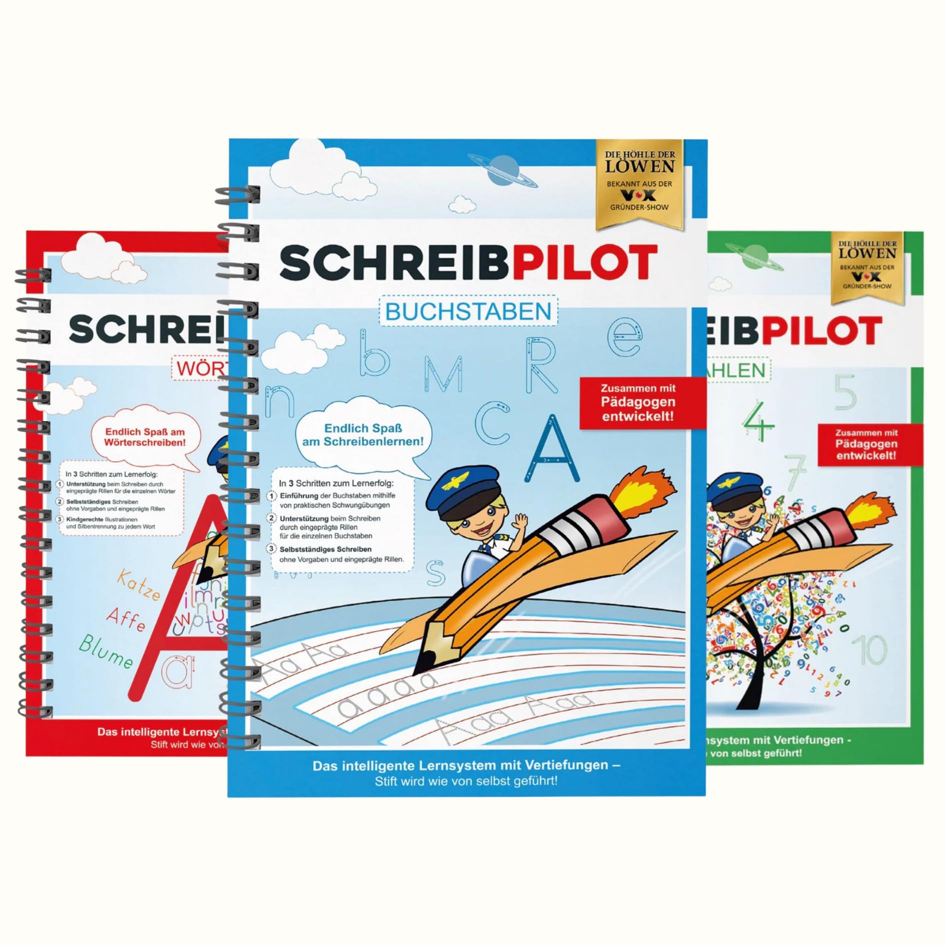SCHREIBPILOT 3er Set Schreiblernhefte für ABC-Schützen mit vorgeprägten Buchstaben, Zahlen und Wörtern | Lernsystem entwickelt von Lehrern, Professoren und Schülern