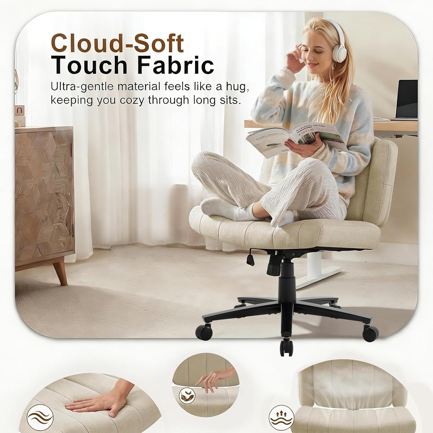 Vigosit Criss Cross Office Chair, Plush Oversized for Cross-Legged Sitting, Adjustable Arms & 360° Swivel Casters - for Home Office, Study, Gaming, Vanity, Comfortable Computer Chair(White)