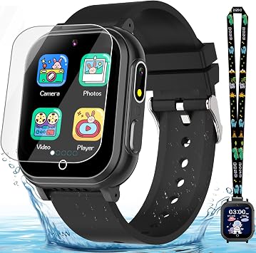 Kids Waterproof Smart Watch Gift for Boys Ages 3-12, 32 Puzzle Games, HD Touchscreen, Dual Camera, Vedio Pedometer Music Player, Kids Watch Toy Birthday Gifts for Boys Ages 5 6 7 8 9 10 Black