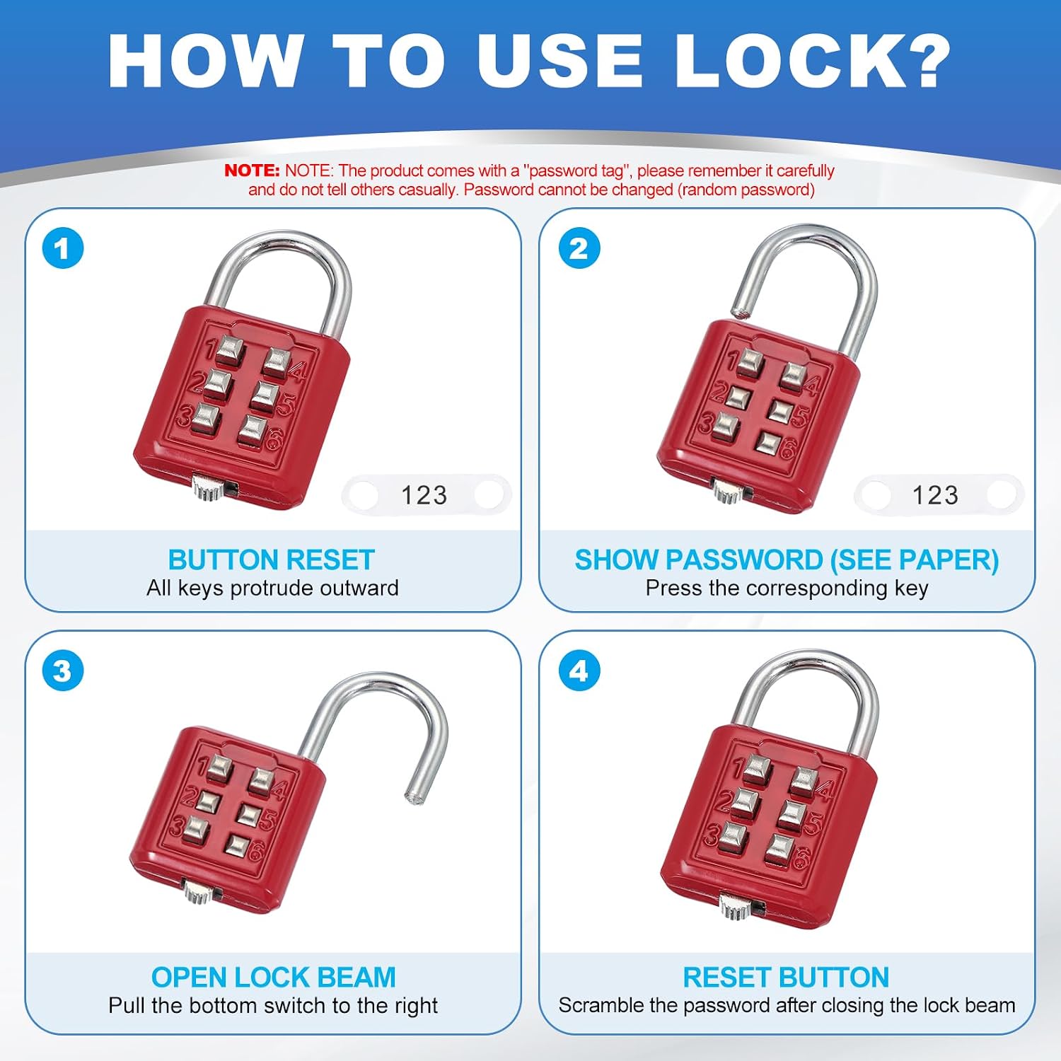 MECCANIXITY Combination Padlock, 6-Digit Push Button Padlock 3-Position Locking Mechanism Security Combination Lock for Locker Gym Sports Locker Cabinet Toolbox (Yellow, Pack of 1)