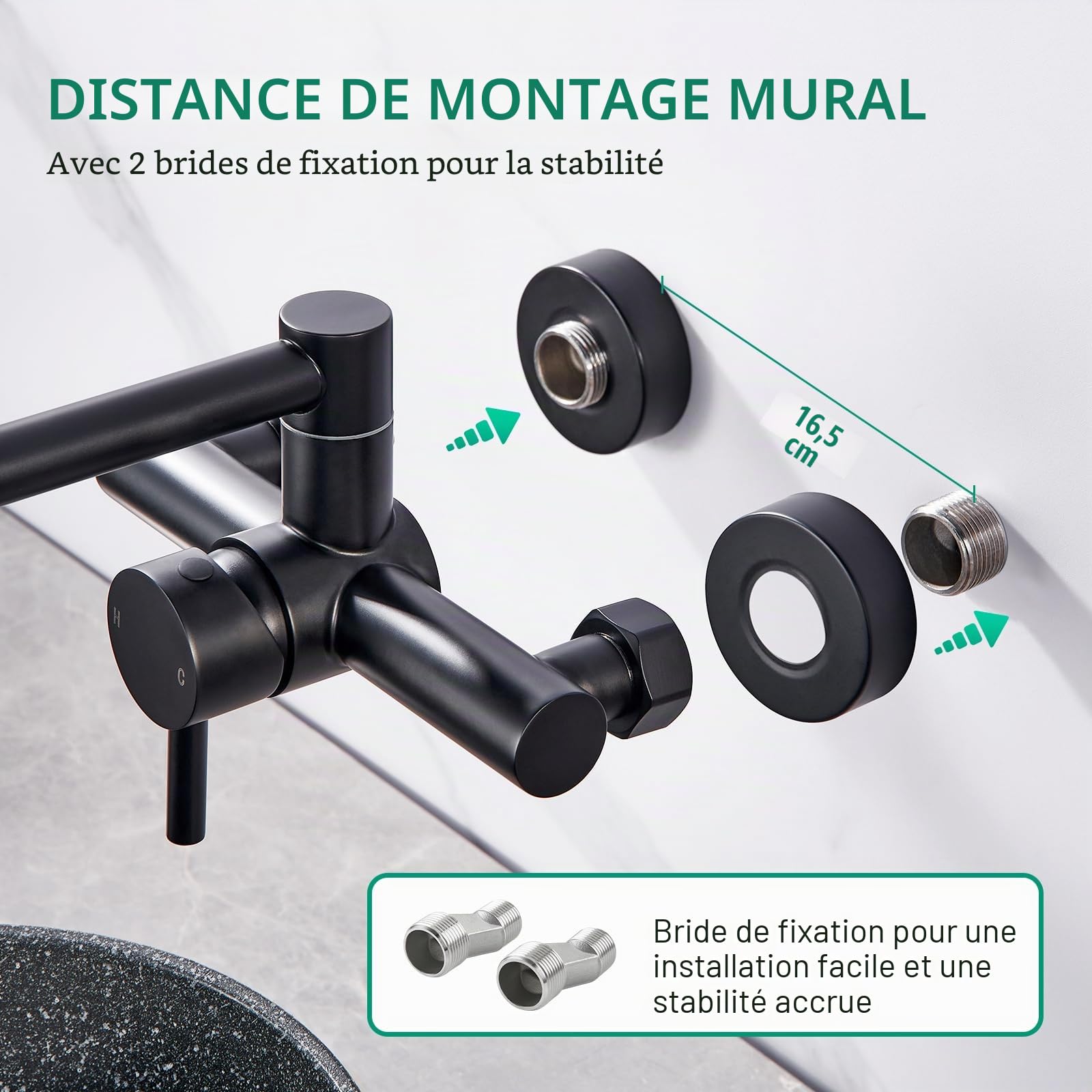 CREA Robinet Mural Robinet de Cuisine, Mitigeur Evier 2 Jets d'eau,Pivotant à 360° pour Évier de Cuisine Double Poignée, Eau Chaude et Froide,Aérateur Démontable,Noir Mat