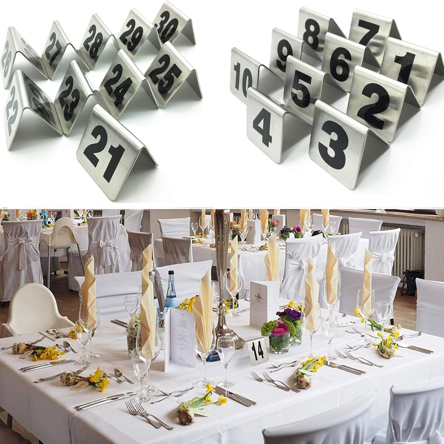 Restaurant Table Number Signs Made of Stainless Steel - Sturdy and Reusable - Table Numbers Cards for Weddings Banquet - Double Sided Tabletop Signs Table Numbers/1 to 50/5 * 5Cm-2 * 2Inch