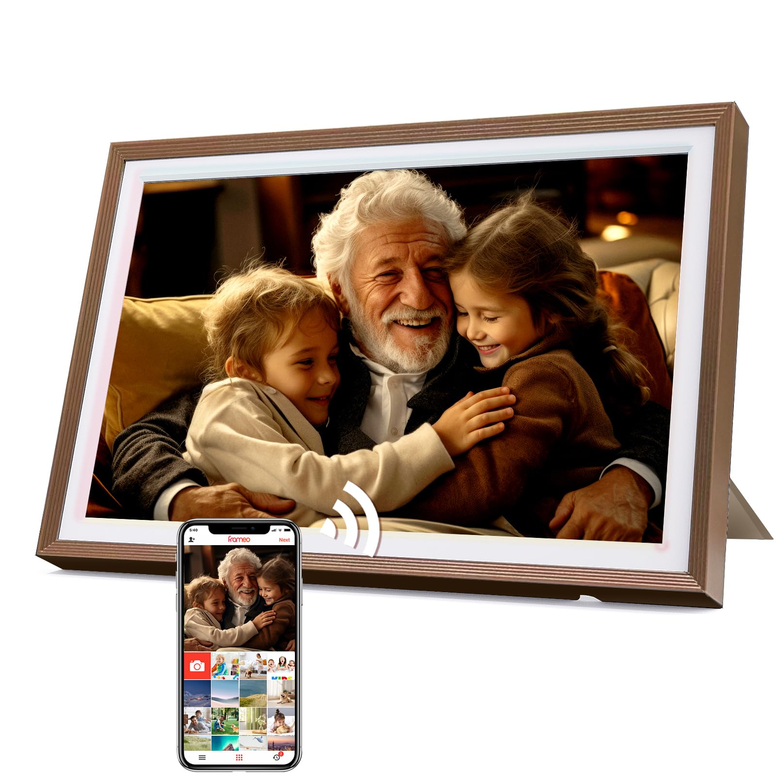 Cadre Photo Numérique 32 Go, écran Tactile WiFi 10,1 Pouces, HD 1280 x 800 IPS, Rotation Automatique, Partage De Photos à Tout Moment et en Tout Lieu Via l'application Frameo/Uhale, Bronze