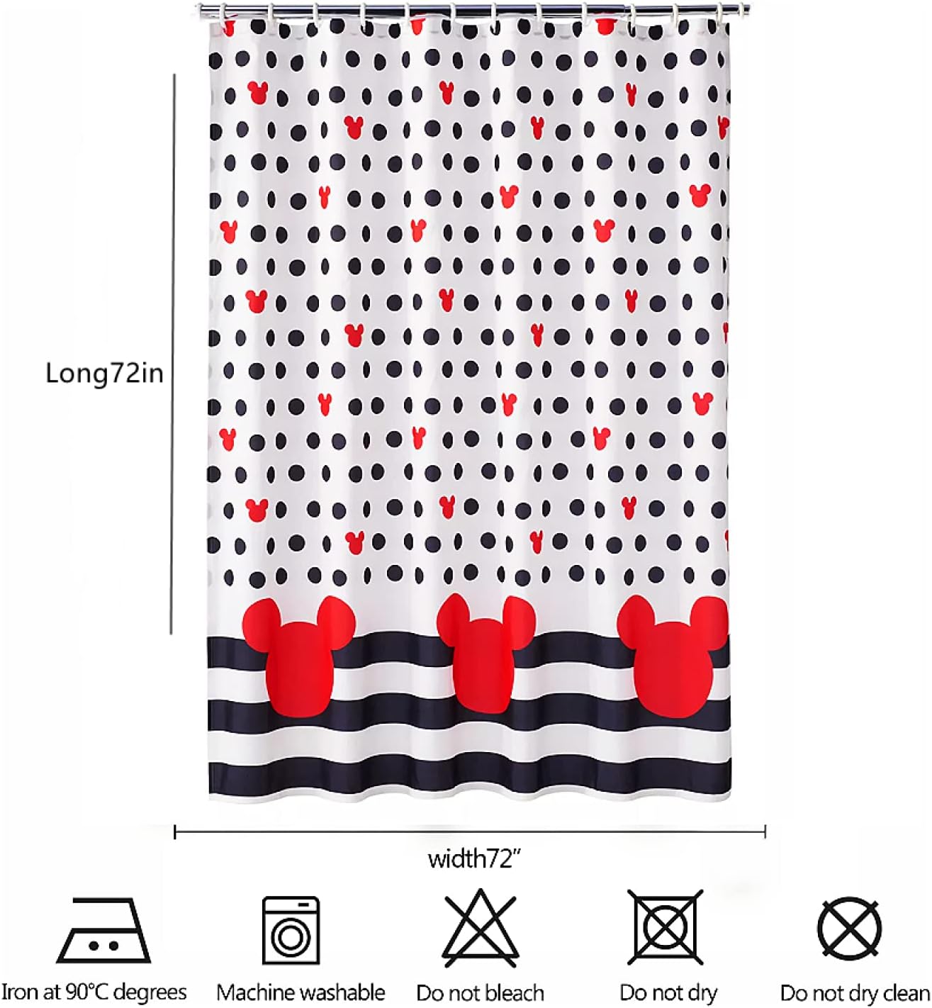 Cute Mouse Head Shower Curtain - Red and Grey Deco Dot Cartoon Shower Curtain Set - Fabric Waterproof Polyester Bathtub Decor 12 Plastic Hook,72x72in
