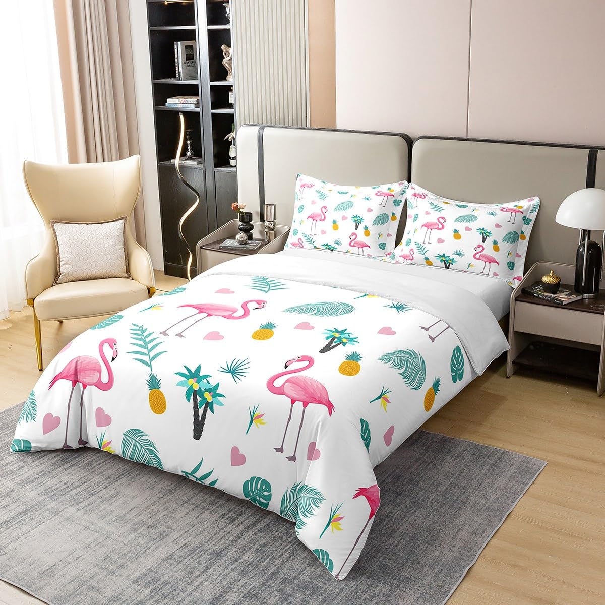 Loussiesd Bettwäsche Tropisch Flamingo Blätter Bettbezug Set Tropisch Flamingo Blätter Bettwäsche 135x200cm 100% Baumwolle mit 1 Kissenbezug Reißverschluss