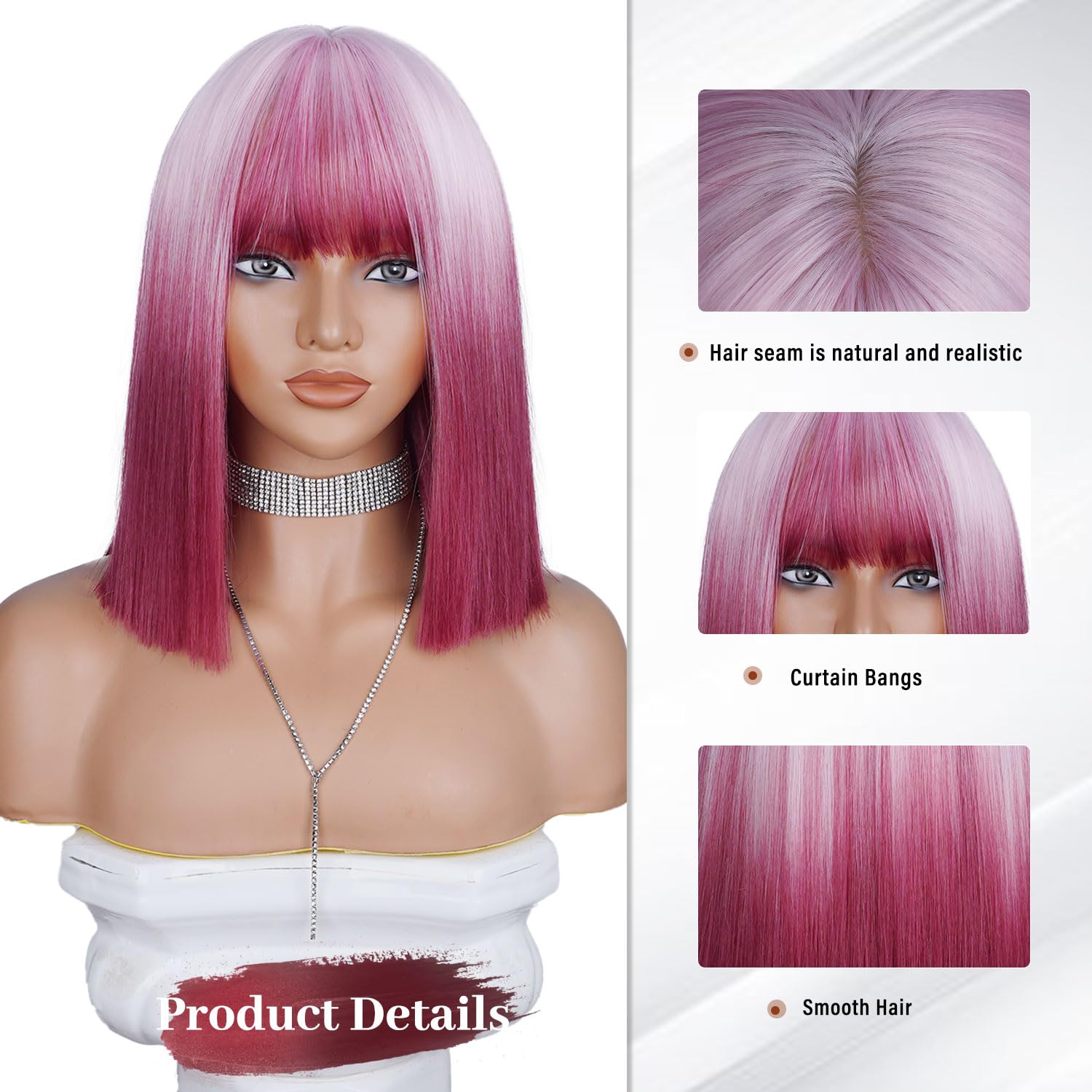 Bob Wigs with Bangs for Black Women Natural Looking Pink Wig Shoulder-Length Synthetic Heat Resistant Wigs for Daily Party Costume Halloween - Image 3