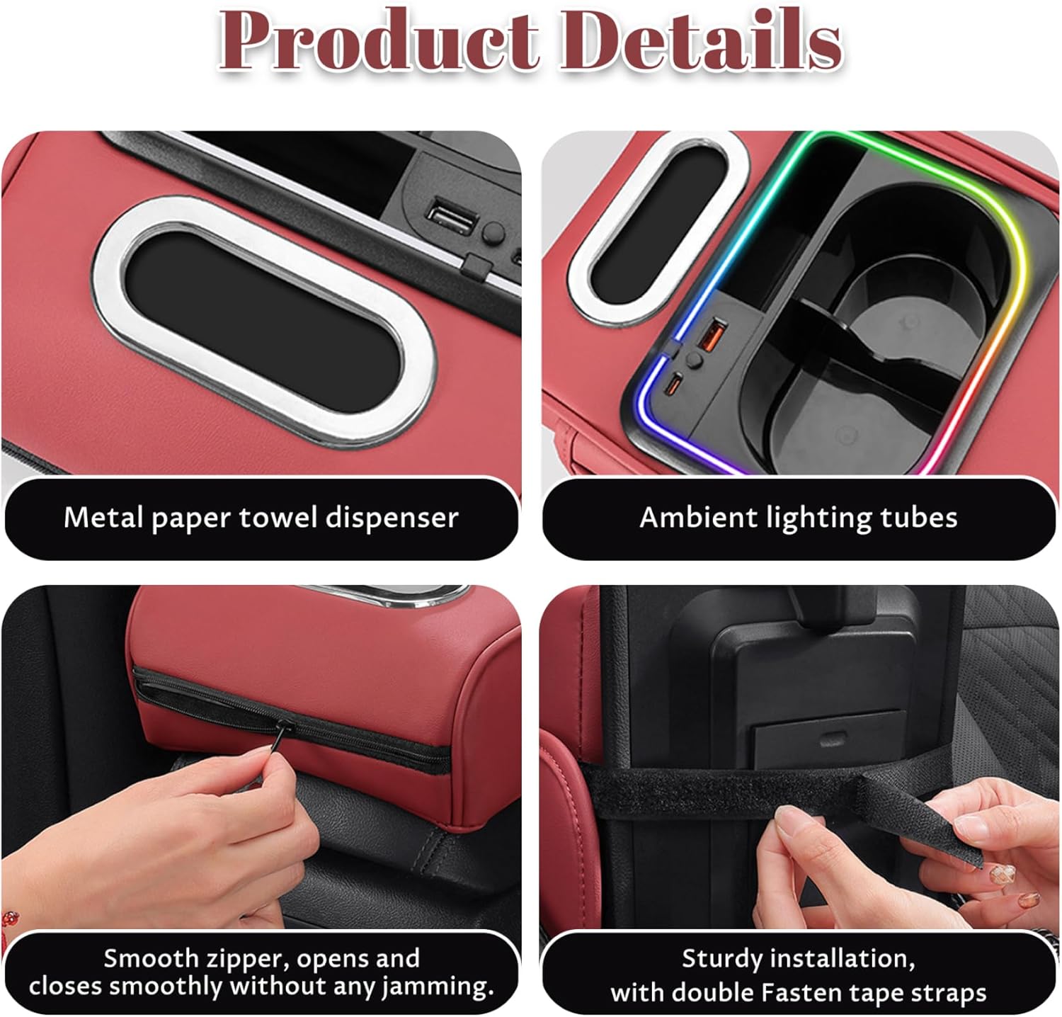 Car Armrest Cushion, Leather Center Console Cover with Storage Bags, Phone Slot, Charging Port, Tissue Holder and Cup Holder for SUV, Motorhome, Truck, Claret.