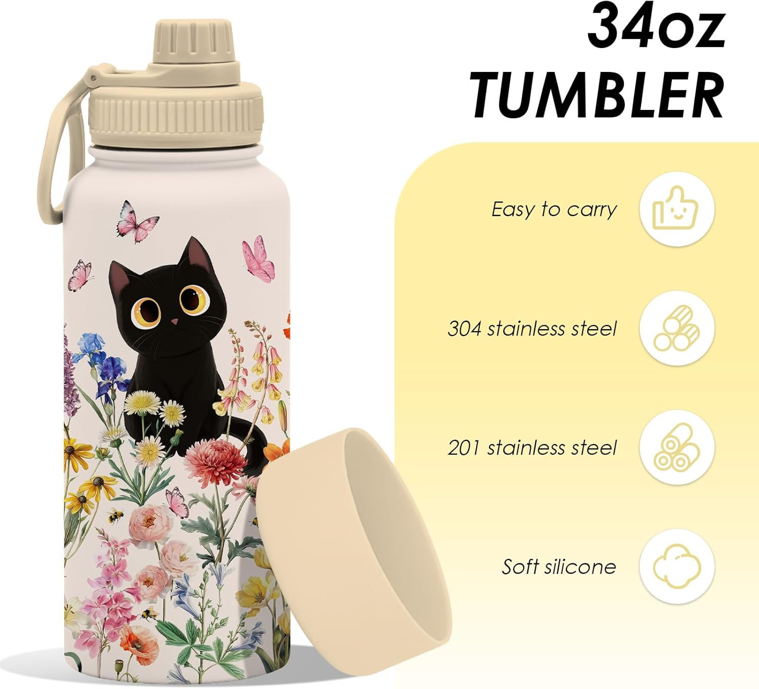 Gift for Cat Lovers - 34oz Black Cat Water Bottle for Girls, Cats Flower Tumbler with Lid, Leak-Proof, Double Wall Travel Mug for Women, Cute Water Bottle for Cats Lover Birthday Christmas (1 pc) - Image 2