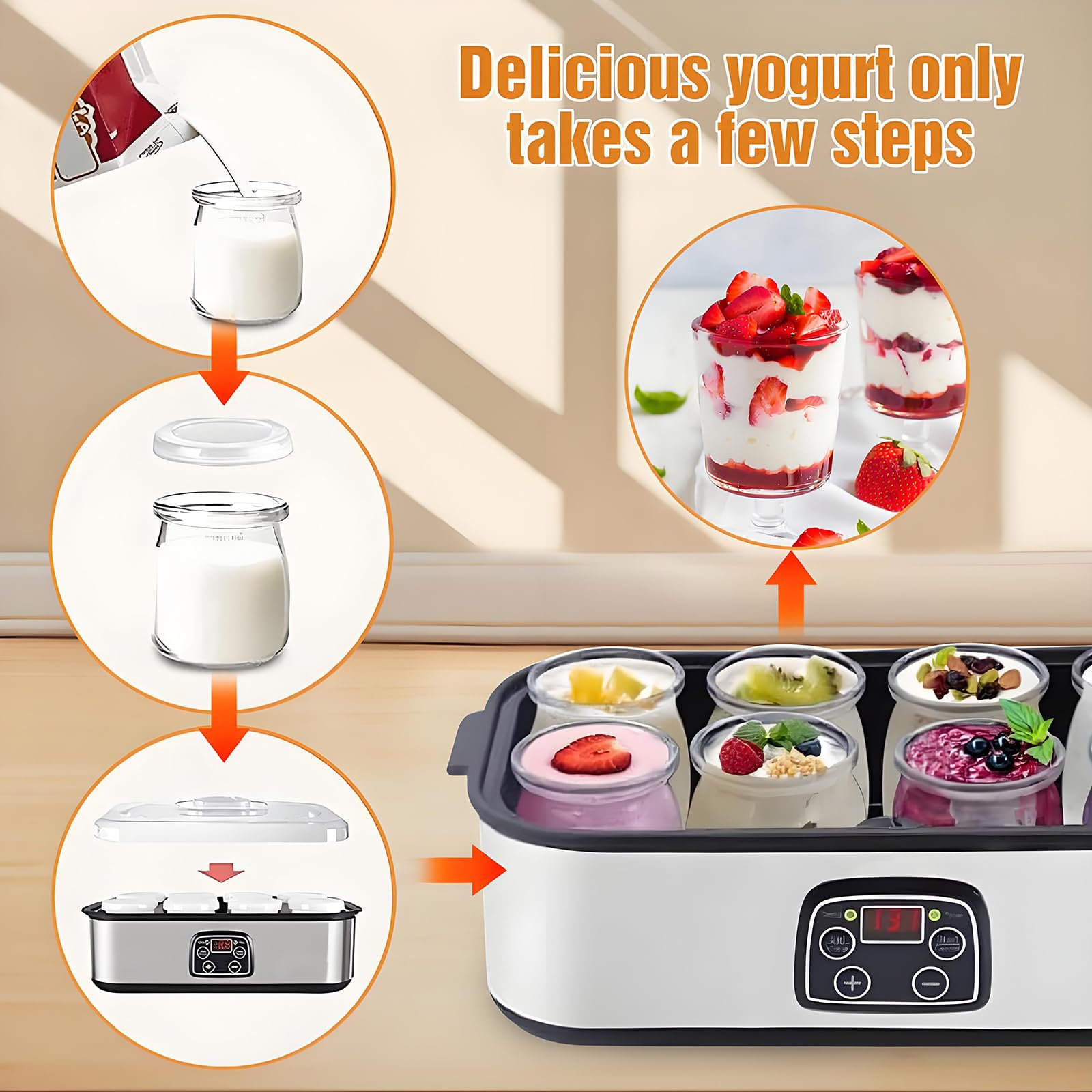 Yaourtière Automatique avec Écran LCD, Fermenteur 1400ML avec 8 × 180ML Pots en Verre, Contrôle de Température & Minuterie 0-48H, pour Yaourt & Fromage Maison