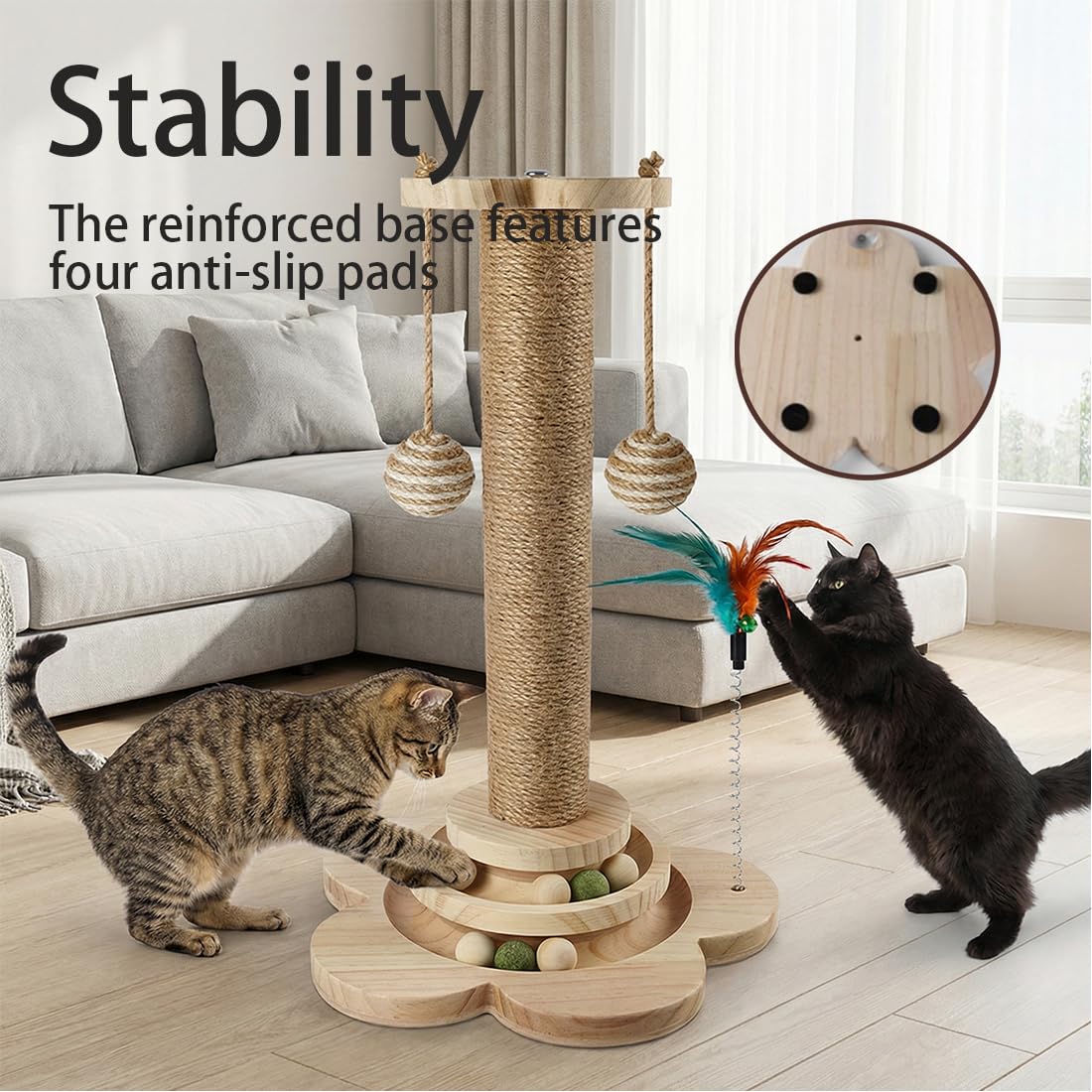 4 in 1 Katzenspielzeug Selbstbeschäftigung, 46cm Kratzbaum mit Hängenden Bällen, natürlicher Sisal-Spielzeug Katze, Interaktives Katzen Spielzeug mit Federn, zum Spielen im Haus