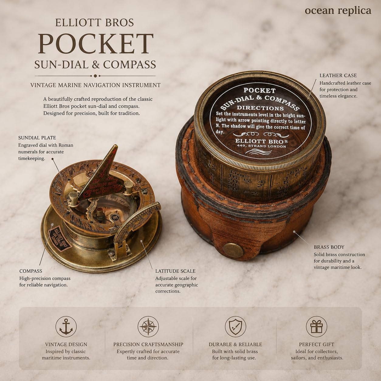 Marine Art Replicas - Brújula de brújula de latón con Funda de Piel/brújula magnética direccional para navegación/brújula de Bolsillo para Camping, Senderismo, Turismo.