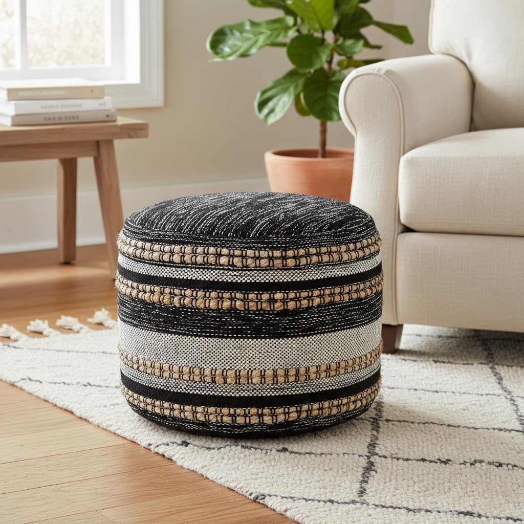 Trade AM Ox Bay Ella Black/White Striped Hand-Woven Cotton Blend Ottoman Pouf-picture-12