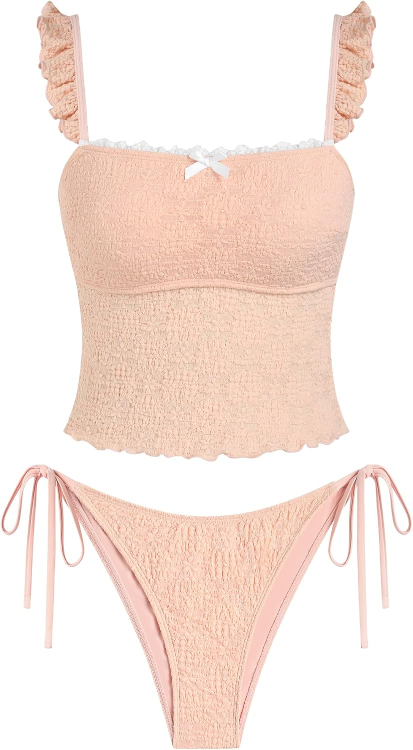 ZAFUL Tankini Swimsuits for Women Ruffles Textured Swimwear Lace Jacquard Knot Two Piece Bathing Suit