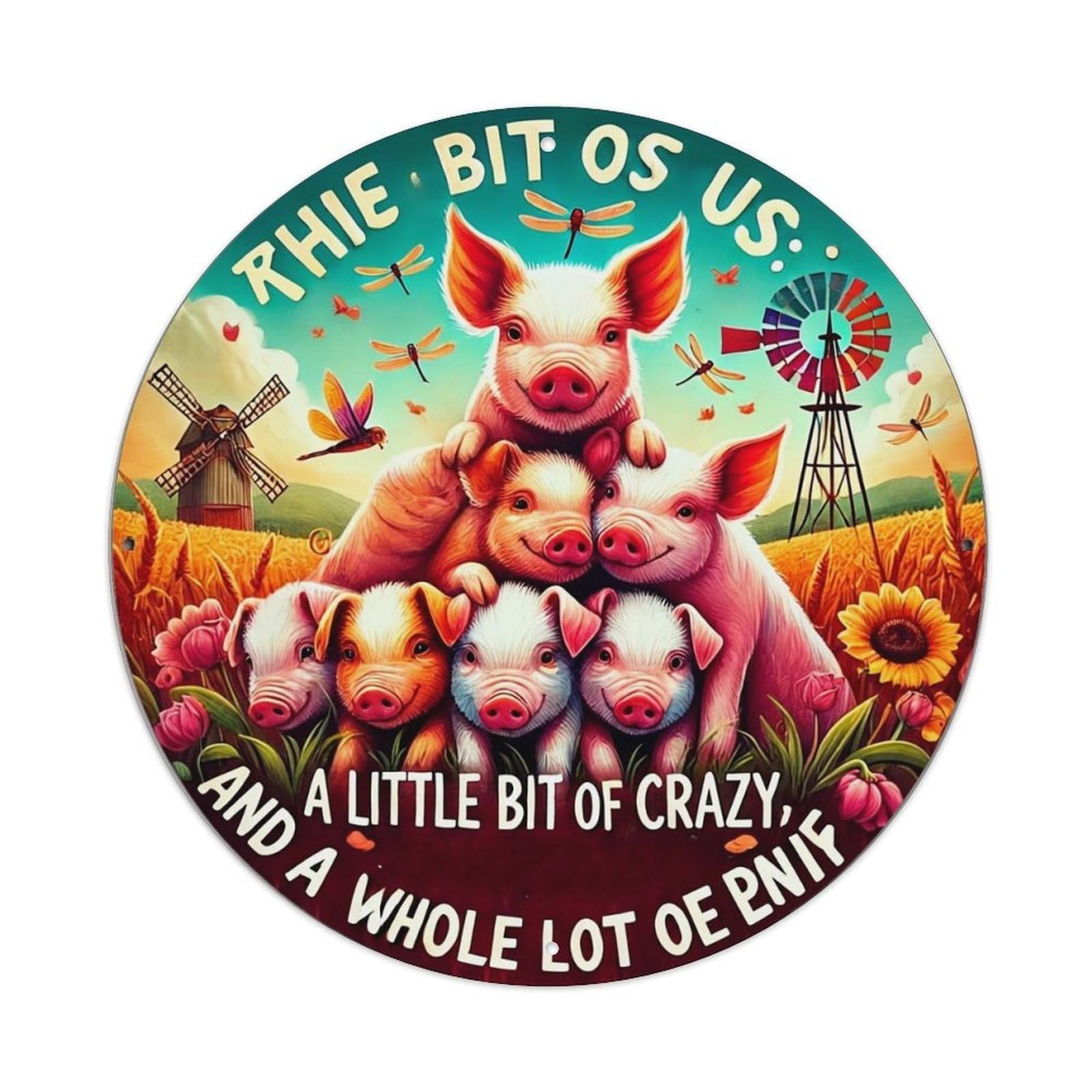 Pig Family Farm Scene Art Vintage Round Tin Sign Retro Metal Wall Decor Metal Poster, Home Bar Garage Cafe Wall Art Decoration 8x8Inches