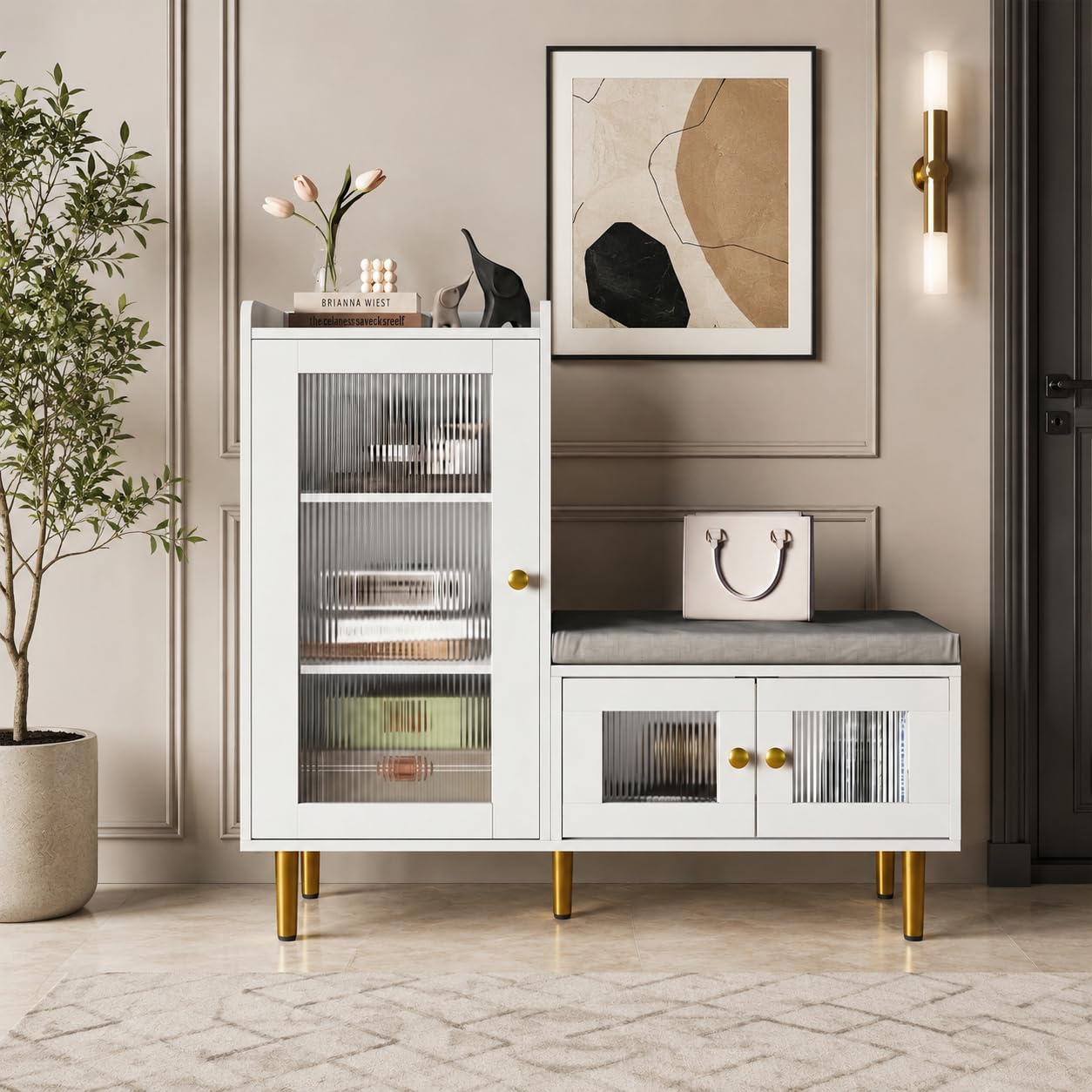 Banc à chaussures avec coussin et meuble de rangement blanc pour entrée