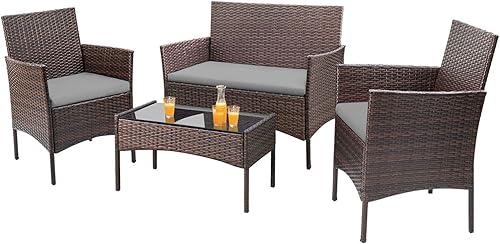 Miniatura 9 de Juego de 4 piezas de muebles para patio al aire libre, silla de ratán de mimbre, sofá para exterior e interior, muebles de uso para patio trasero
