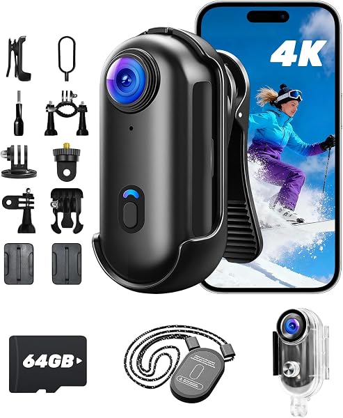 Mini Caméra Sport 4K WiFi, Camera Sport Magnétique Mains Libres avec Clip Rotatif à 360°, Boîtier Etanche pour Promenades avec Animaux, Vélo, Voyages, Vlog, Dashcam Moto - 1